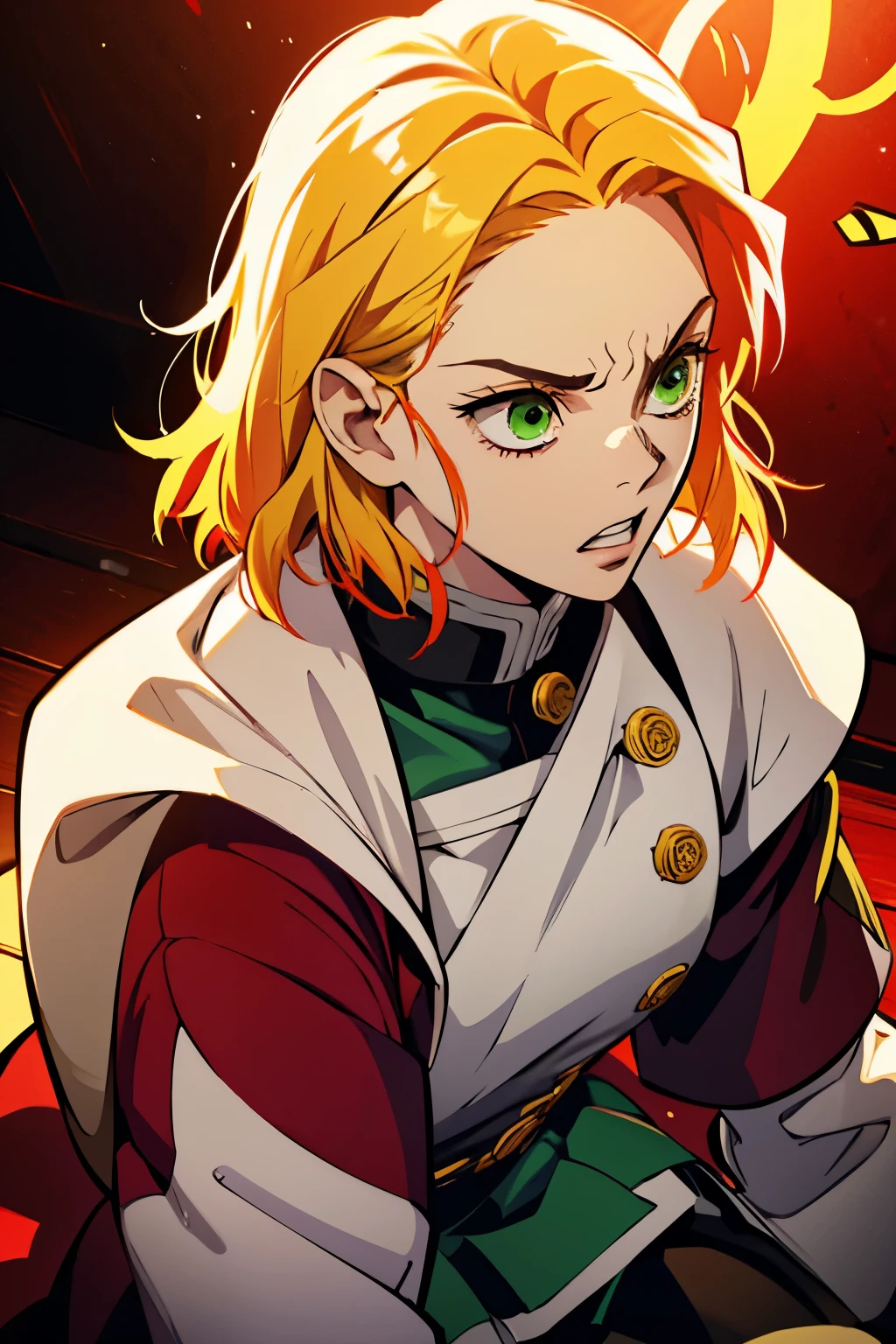 White young woman, Yellow hair with red details in her hair, Medium hair, Green eyes, Angry face, Linda, Sword, demon slayer uniform, show teeth, red highlights in hair,