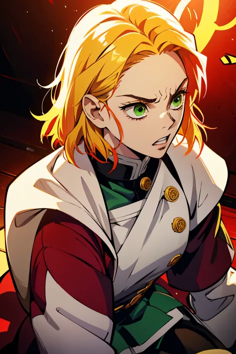 white young woman, yellow hair with red details in her hair, medium hair, green eyes, angry face, linda, sword, demon slayer uni...