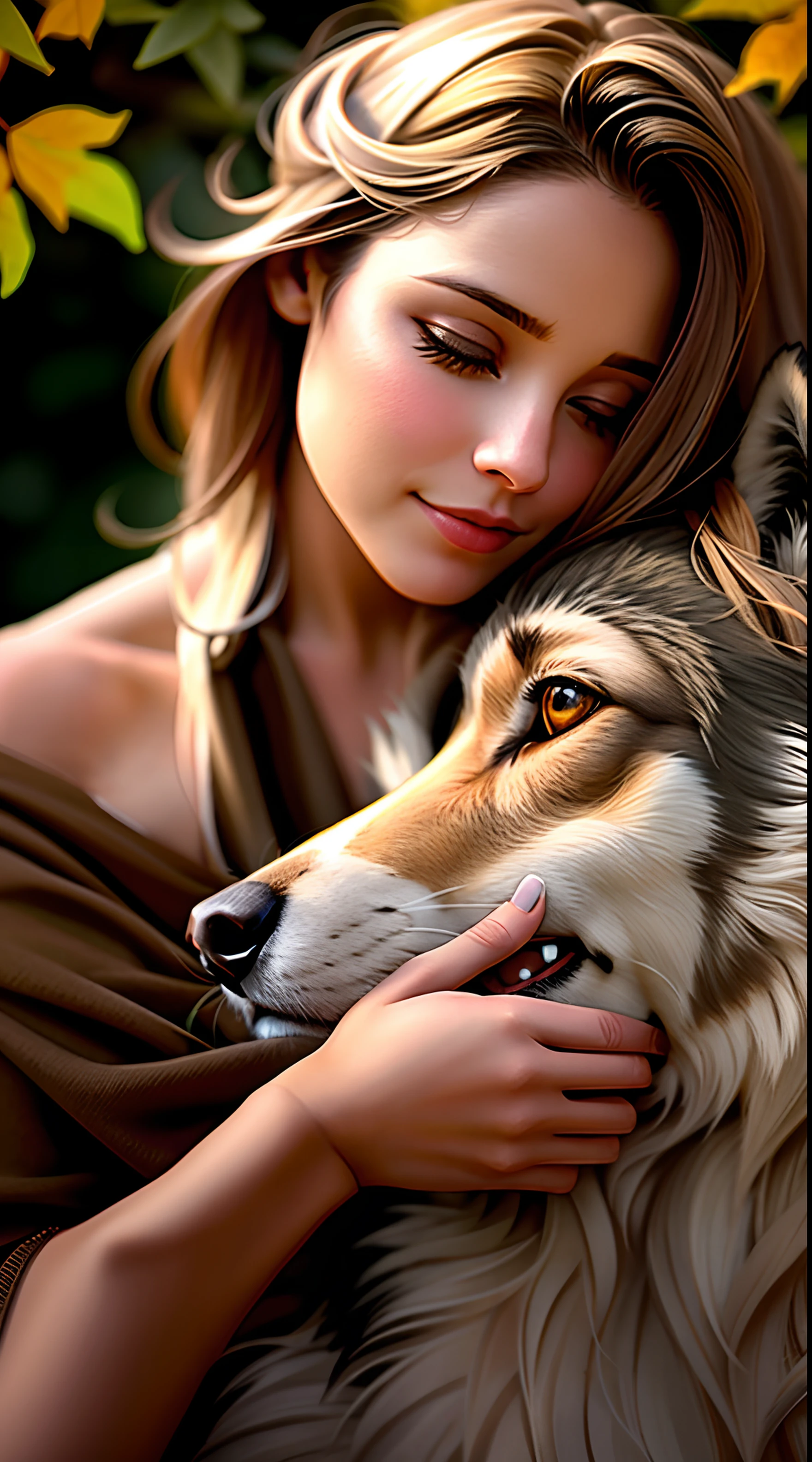 A woman is hugging a wolf in a field of leaves, garota lobo, Magali Villeneuve», muito realista, companheiro lobo, lobo como um humano, Lobos e seus tesouros, Angielobo, female anthropomorphic wolf, arte bonita, foto do perfil, retrato de alta qualidade, mulher linda, Dirigido por: Adrienn Henczné Deák, muito realista