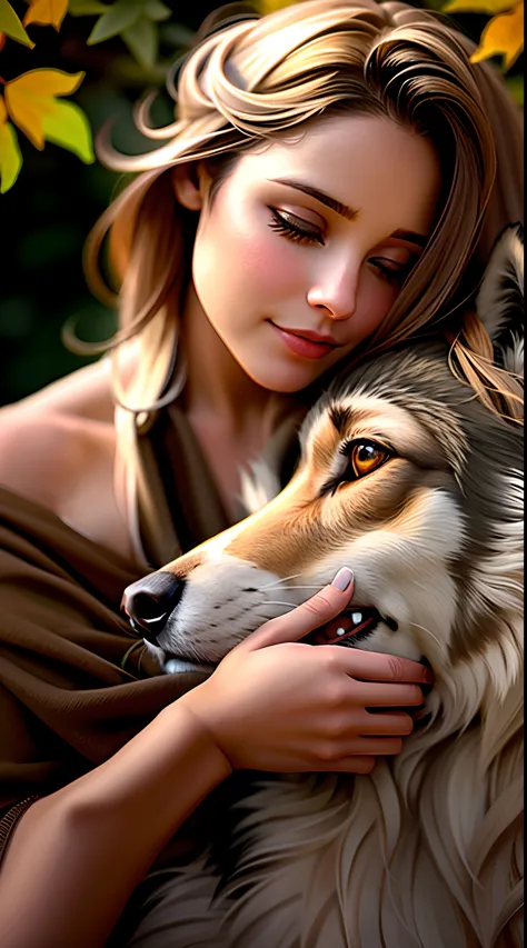 a woman is hugging a wolf in a field of leaves, garota lobo, magali villeneuve», muito realista, companheiro lobo, lobo como um ...