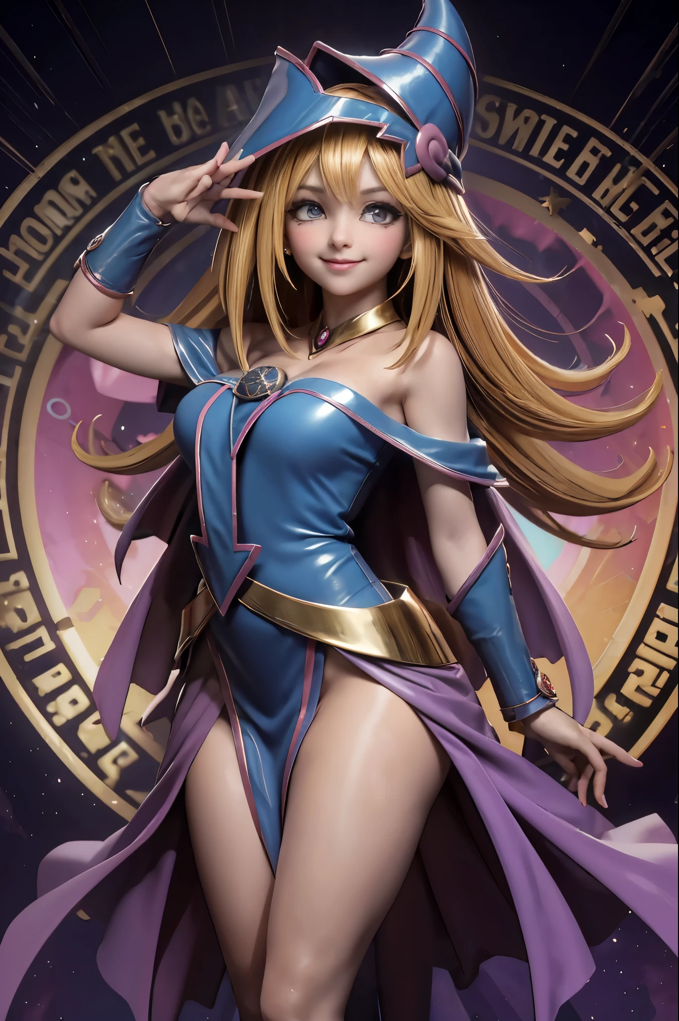 Dark magician gils flying, she comes out of a magic circle of heart. Magic hearts background. smile on his lips. blue eyes. Golden hair. pose sensual. Levitating on one foot. has heels. has stockings. has earrings. has rings. She has transparent clothes 