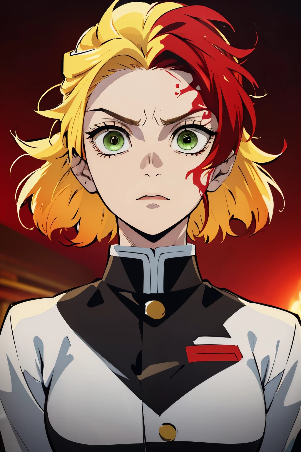 White young woman, Yellow hair with red details in her hair, Medium hair, Green eyes, Angry face, Linda, Sword, demon slayer uniform, red highlights in hair, red highlights in hair