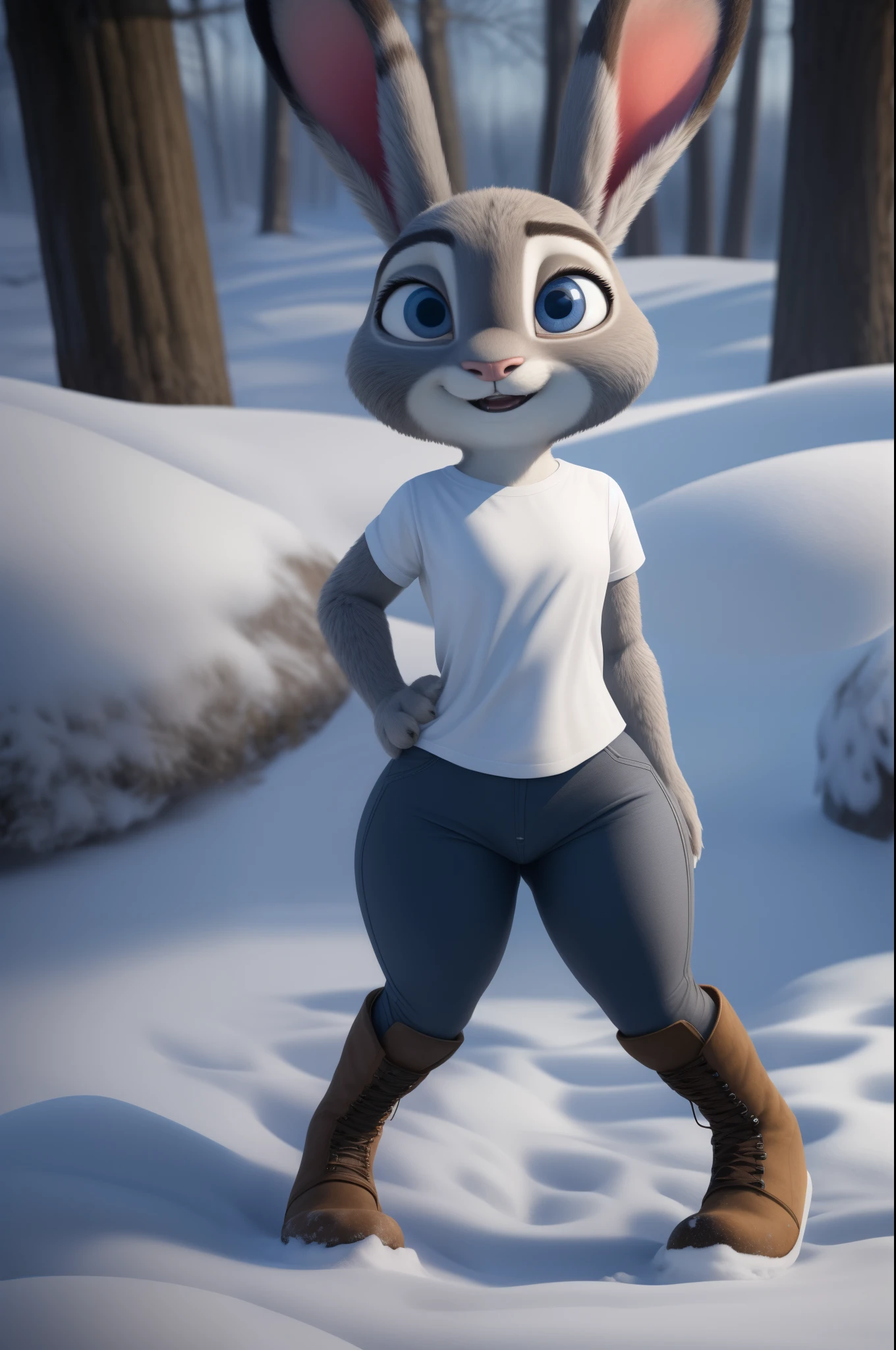 A close up of a cartoon rabbit in a white shirt and blue pants - SeaArt AI