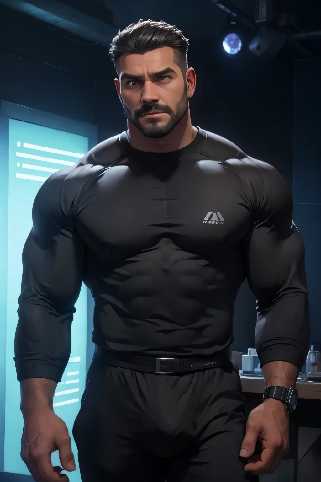 Masterpiece, Best Quality, Ultra Detailed, 1man, mature male, muscular, hunk, bara, jock, beef, black skin, black, taned skin, latino, 3, black hair, grizzly hair, goatee, overcut hair, looking at the viewer, serious expression, gray shirt, half body shot, sci-fi background