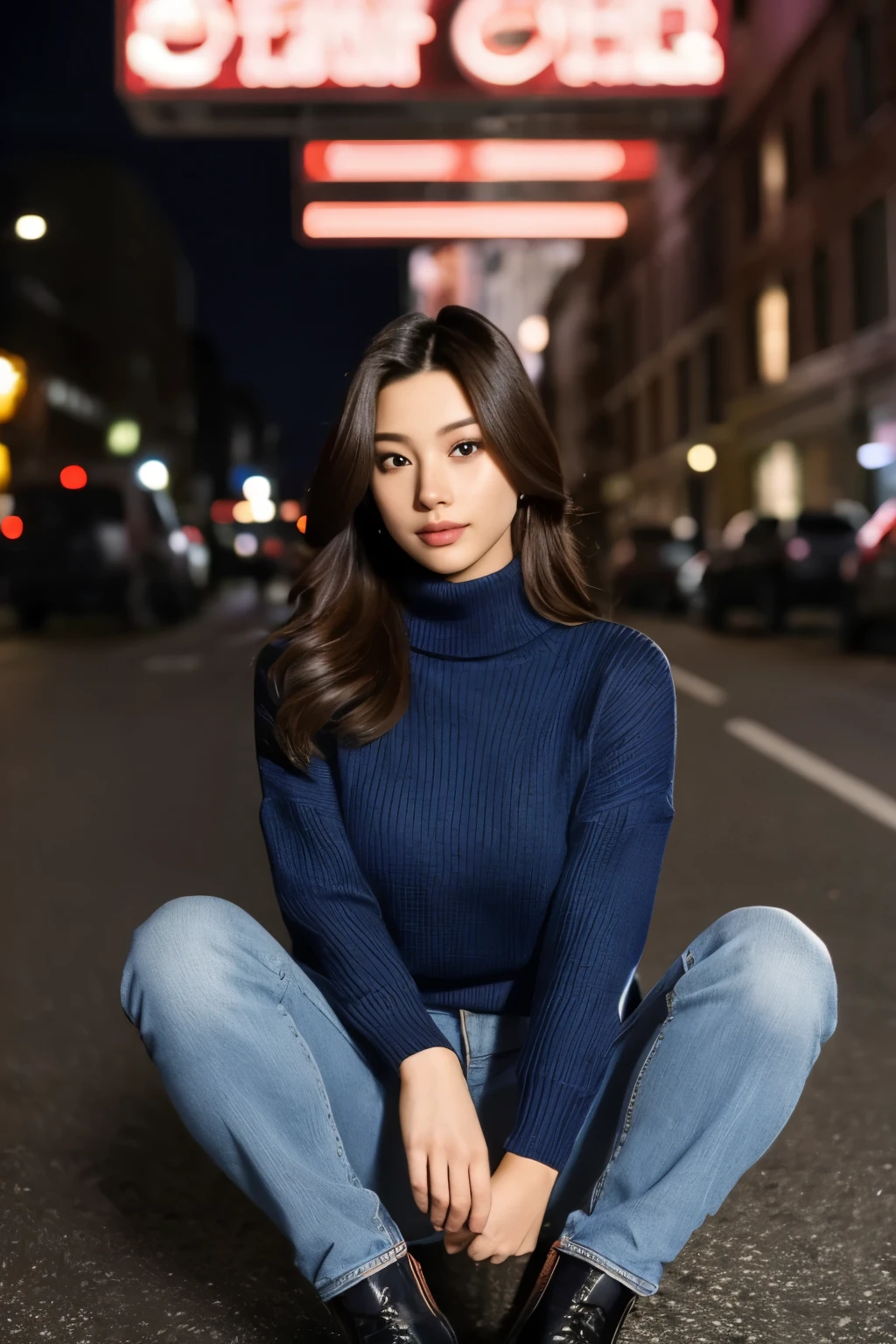 (masterpiece:1.35), (best-quality:1.4), 8k, ultra-detailed, photography, (ultra-realistic:1.4), a girl, perfect face, upper body, night city street, from front, facing to viewer, two hands in front of chests, face to face, yuppy style, blue turtleneck sweater, dark denim jeans, leather boots, elegant,