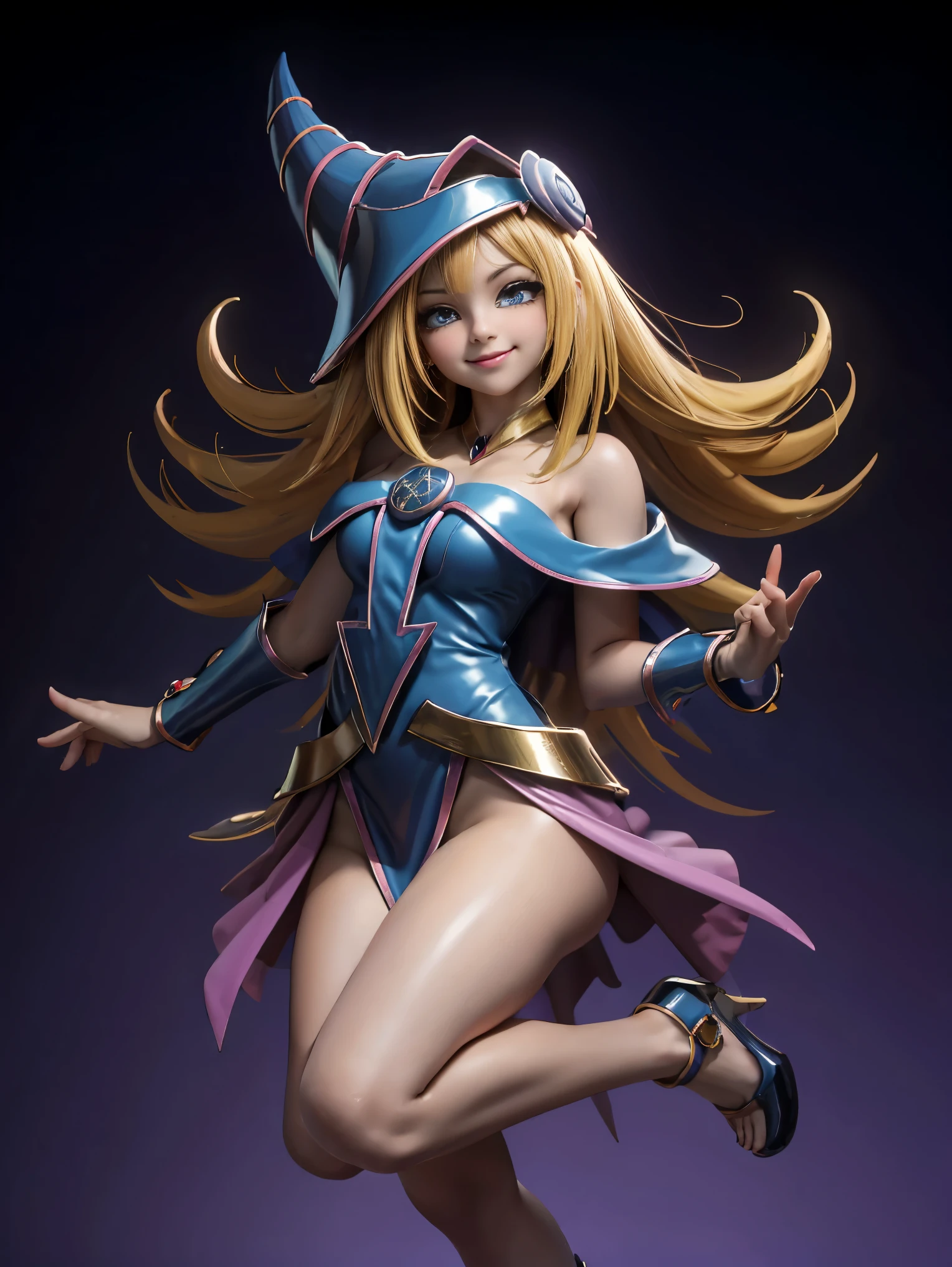 Dark magician gils in the air, she is standing jumping, Magic hearts background. smile on his lips. blue eyes. Golden hair. pose sensual. Levitating on one foot. has heels. 1.1 Wear heels azules y dorados . Wear heels 