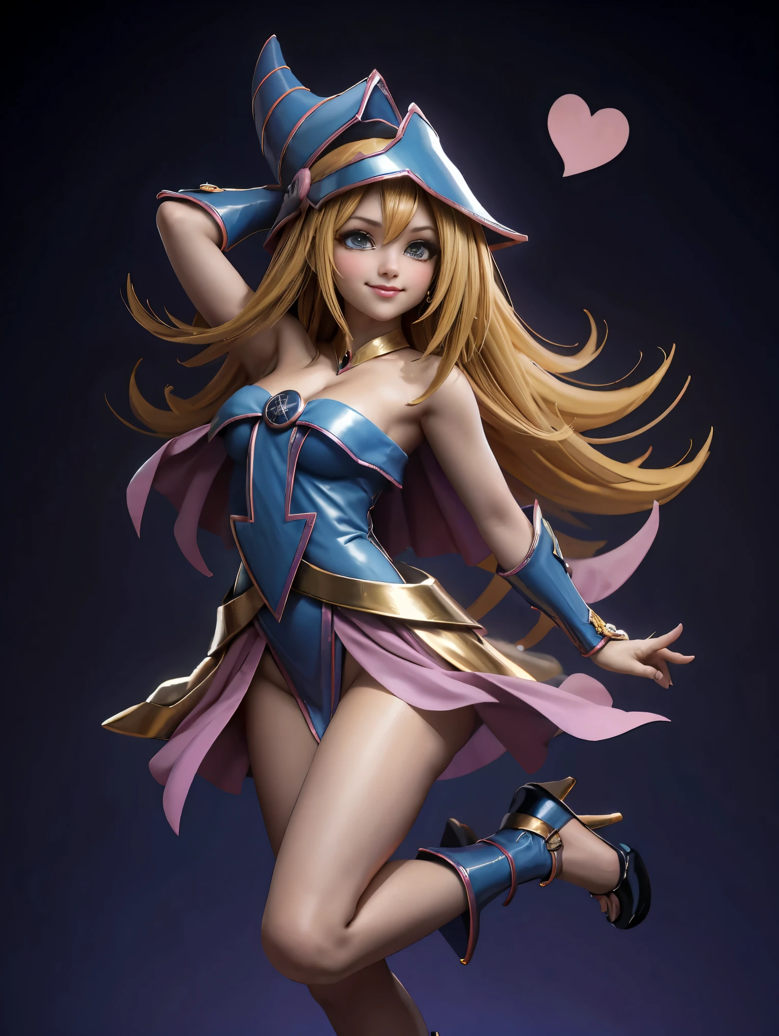 Dark magician gils en el aire, ella esta parada saltando, Fondo de corazones mágicos. Sonrisa en sus labios. Ojos celestes. Cabello dorado. Pose sensual. Levitando en una pie. Tiene tacones. 1.1 Usa tacones azules y dorados . Usa tacones 