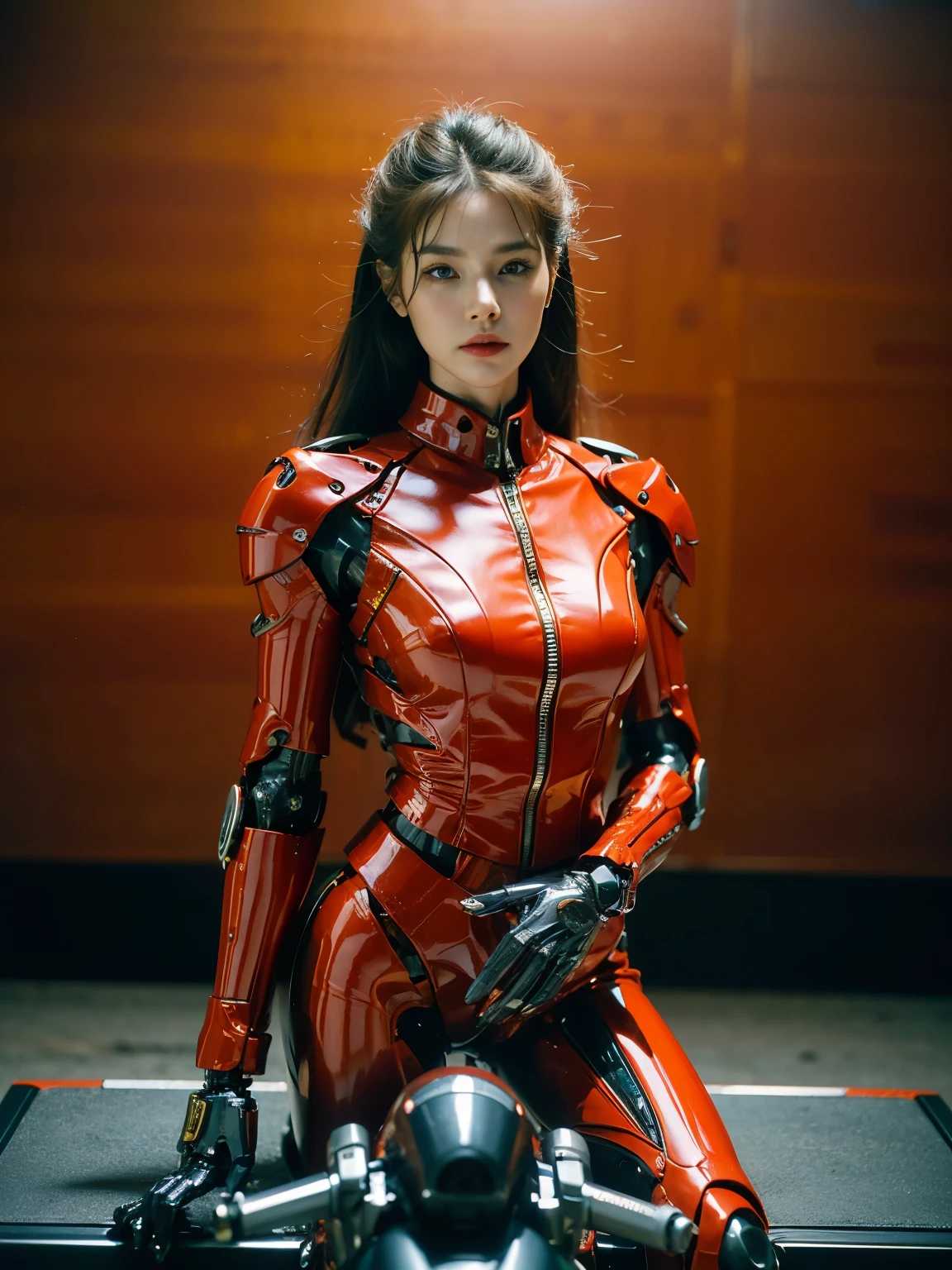 ((best quality)), ((masterpiece)), ((perfect face))、（(detailed motorcycle)）、Detailed and clear photos、((Cyborg Woman))、(Red long sleeve riding jacket and leather pants))、((riding a motorcycle))、((cybernetics))、slender body、((Woman with mechanical body))、communication headset、(((steel fingers)))、(((The body is mechanized)))、full body shot