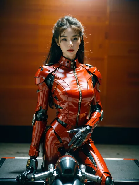 ((best quality)), ((masterpiece)), ((perfect face))、（(detailed motorcycle)）、Detailed and clear photos、((Cyborg Woman))、(Red long...
