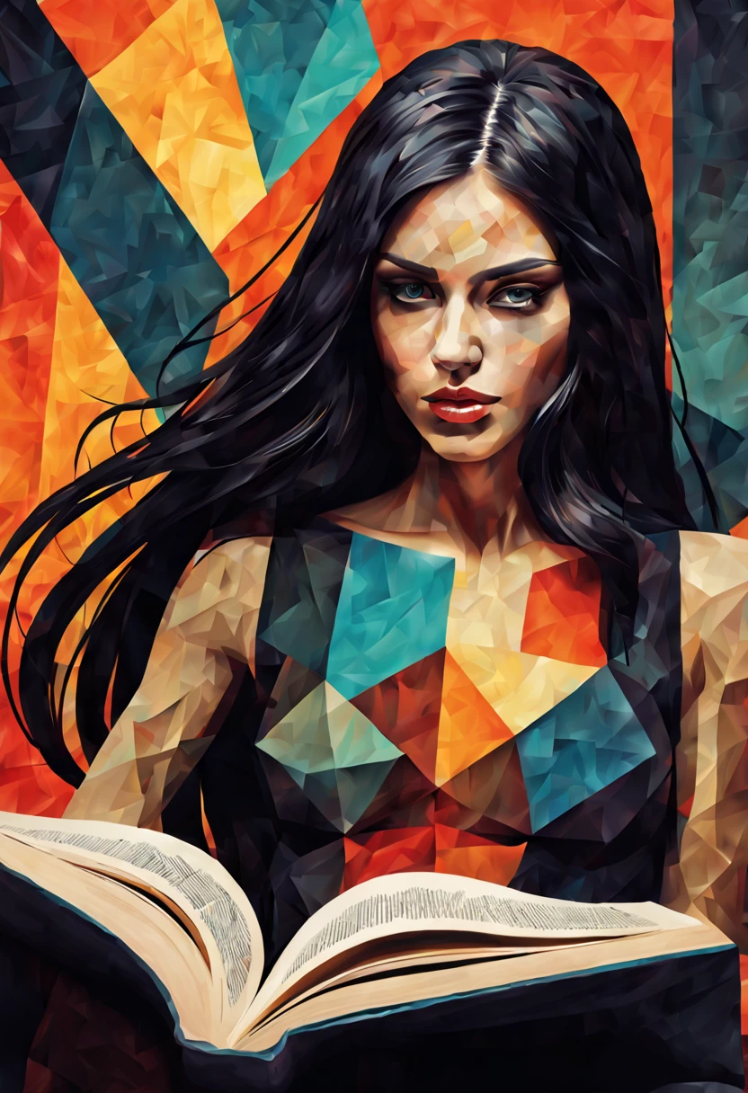 Analytical Cubism Illustration Design a perfect pretty girl, black long hair, Split-Complementary color guide, Plasma Energy Texture, abstract background, reading a book, dramatic angle, SimplepositiveXLv1,, Illustration Design, often for illustrative art, visual storytelling, or creative illustrations., Analytical Cubism, often for geometric deconstruction, monochromatic palette, or fragmented forms.