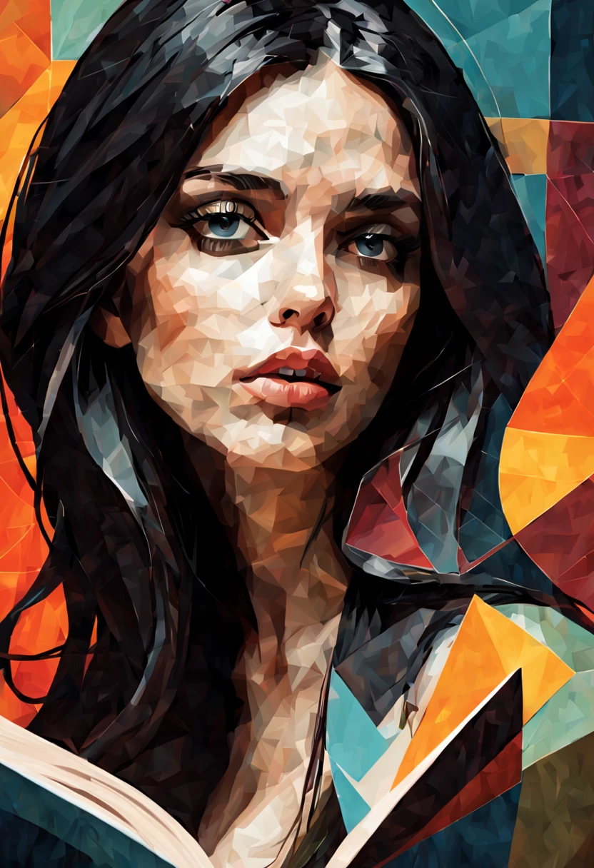 Analytical Cubism Illustration Design a perfect pretty girl, black long hair, Split-Complementary color guide, Plasma Energy Texture, abstract background, reading a book, dramatic angle, SimplepositiveXLv1,, Illustration Design, often for illustrative art, visual storytelling, or creative illustrations., Analytical Cubism, often for geometric deconstruction, monochromatic palette, or fragmented forms.