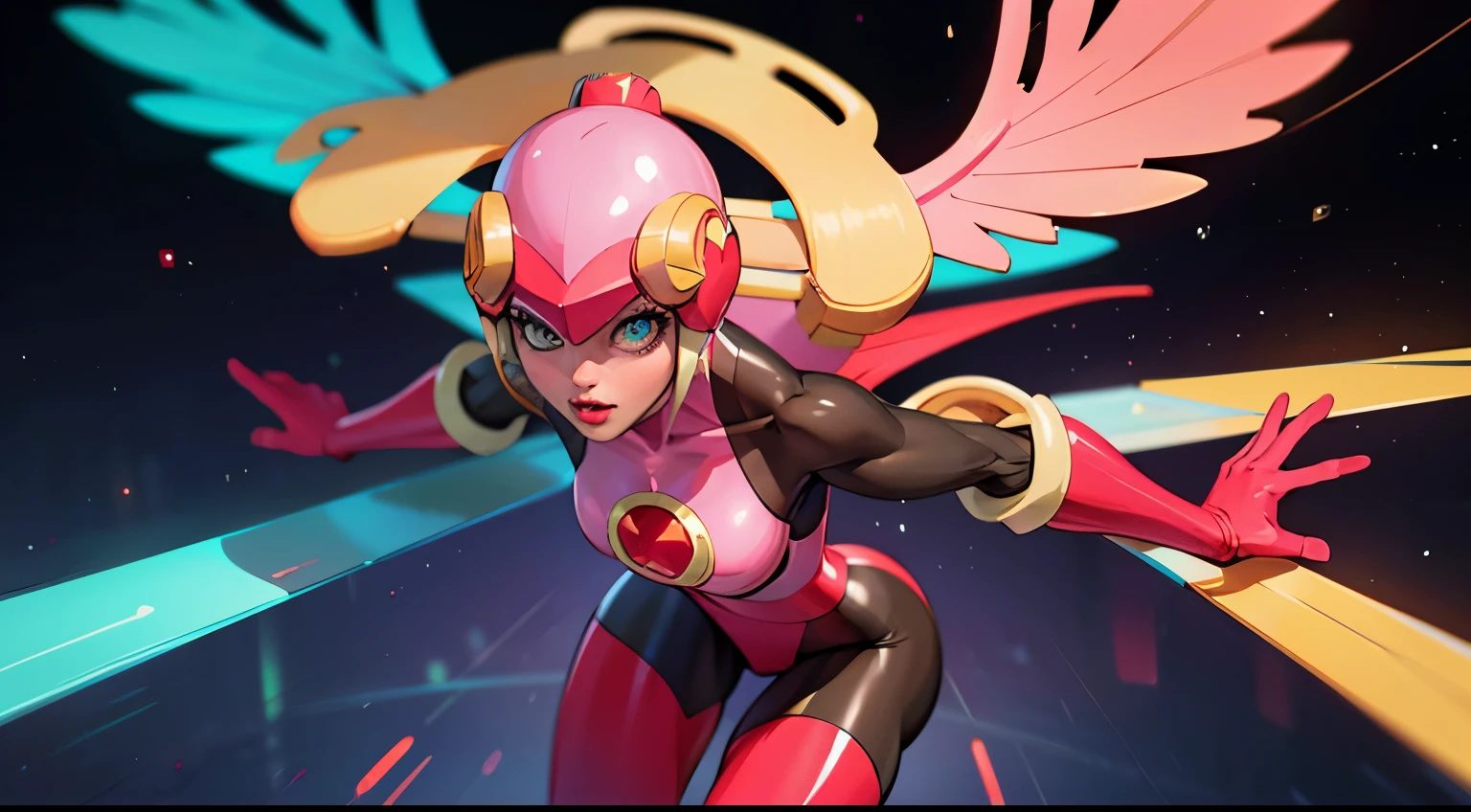 1 supersexy girl vestindo um rolo.exe body, Asas mecânicas, Antecedentes da Guerra Espacial, Corpo Aura rosa, capacete rosa, antena amarela na cabeça, Supernove Potência, cabelo loiro claro, rabo de cavalo grande, olho vermelho, corpo perfeito, sexy, brilho de néon, pairando, Muito detalhado, postura de luta, museu mecha, olhos detalhados, rosto detalhado