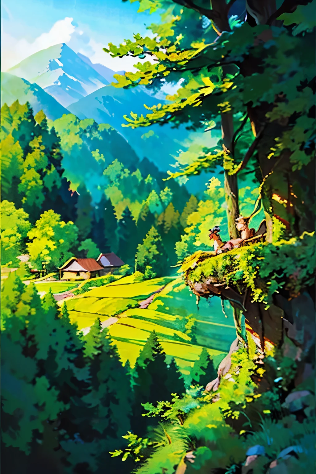 World style anime ghibli studio tree canopy overhead (alpine mountains:1.1), clear sky, (masterpiece:1.3) (best quality) (detailed) (8k) (HDR) (cinematic lighting) (sharp focus) (intricate) (intense action scene, dutch angle, foreshortening, motion blur, blurred foreground:1.3