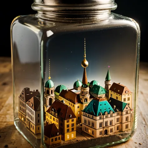 (An intricate mini-town of Berlin tucked inside a square glass jar with lid), macro photography in close-up