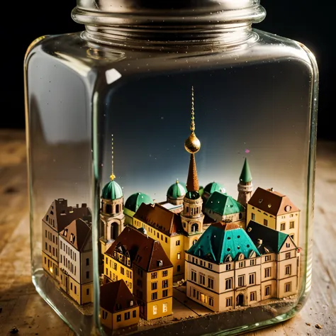 (an intricate mini-town of berlin tucked inside a square glass jar with lid), macro photography in close-up