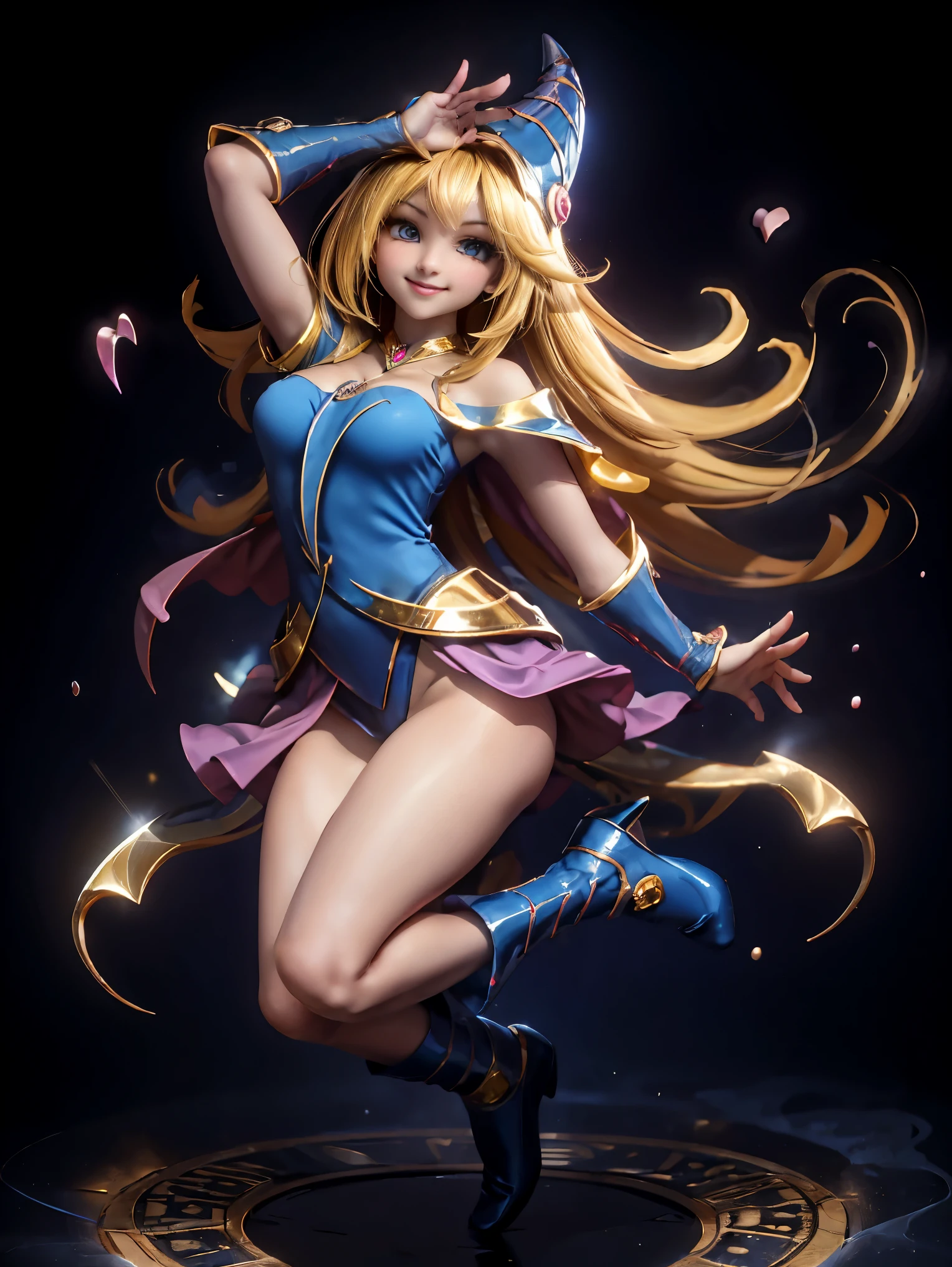 Dark magician gils en el aire, ella esta parada saltando, Fondo de corazones mágicos. Sonrisa en sus labios. Ojos celestes. Cabello dorado. Pose sensual. Levitando en una pie. Tiene tacones. 1.1 Usa tacones azules y dorados . Usa tacones 