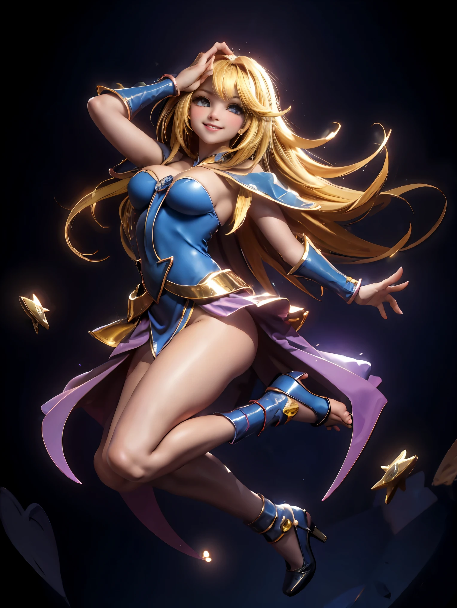 Dark magician gils en el aire, ella esta parada saltando, Fondo de corazones mágicos. Sonrisa en sus labios. Ojos celestes. Cabello dorado. Pose sensual. Levitando en una pie. Tiene tacones. 1.1 Usa tacones azules y dorados . Usa tacones 