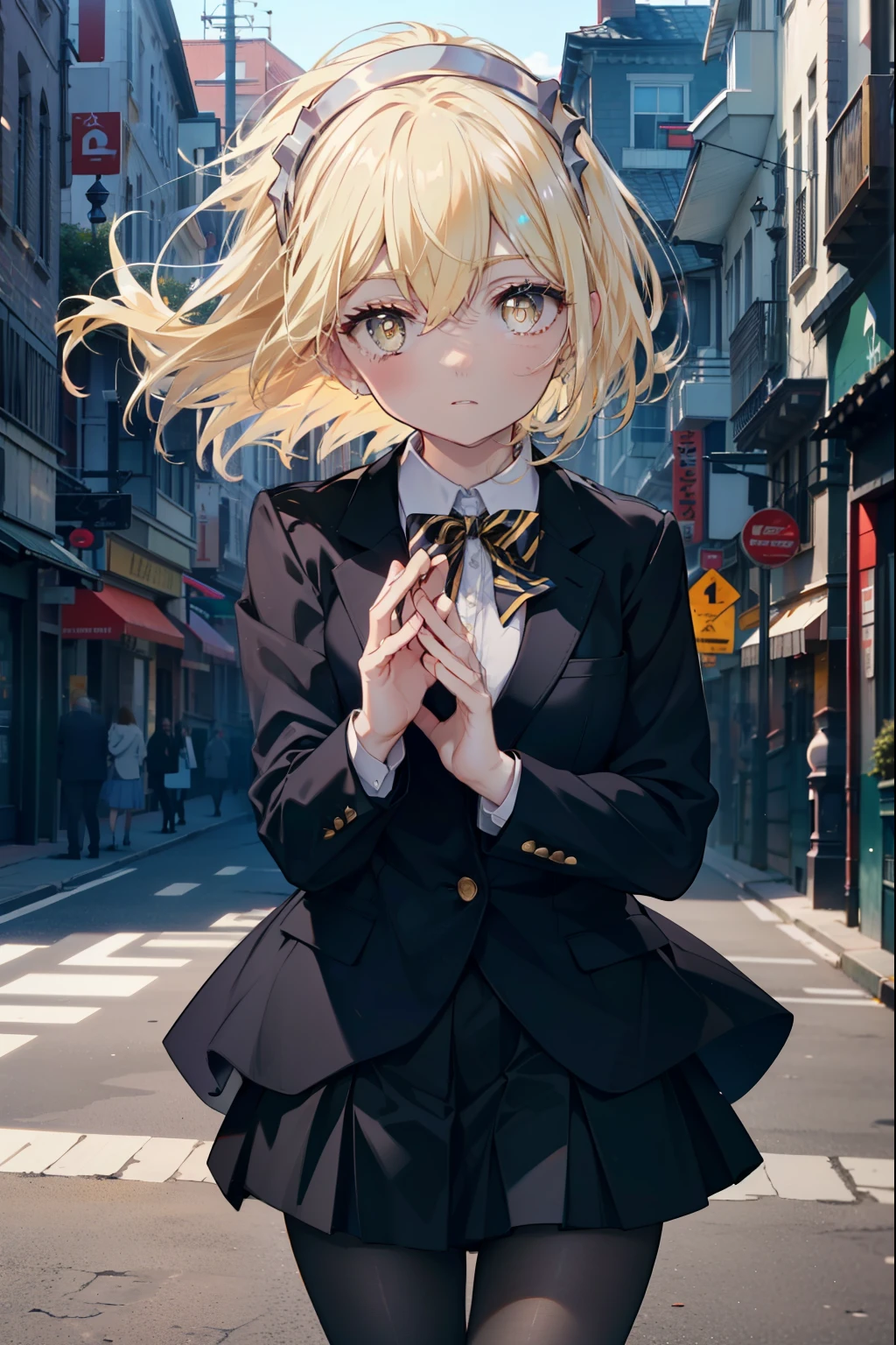 Izwallenstein, Eyes Wallenstein, blonde hair, hair between eyes, White headband, long hair, (yellow eyes:1.5), side lock,, uniform, blazer, shirt, white shirt, collared shirt, skirt, pleated skirt,black pantyhose,brown loafers,
break looking at viewer,
break outdoors, In town,building street,
break (masterpiece:1.2), highest quality, High resolution, unity 8k wallpaper, (figure:0.8), (detailed and beautiful eyes:1.6), highly detailed face, perfect lighting, Very detailed CG, (perfect hands, perfect anatomy),