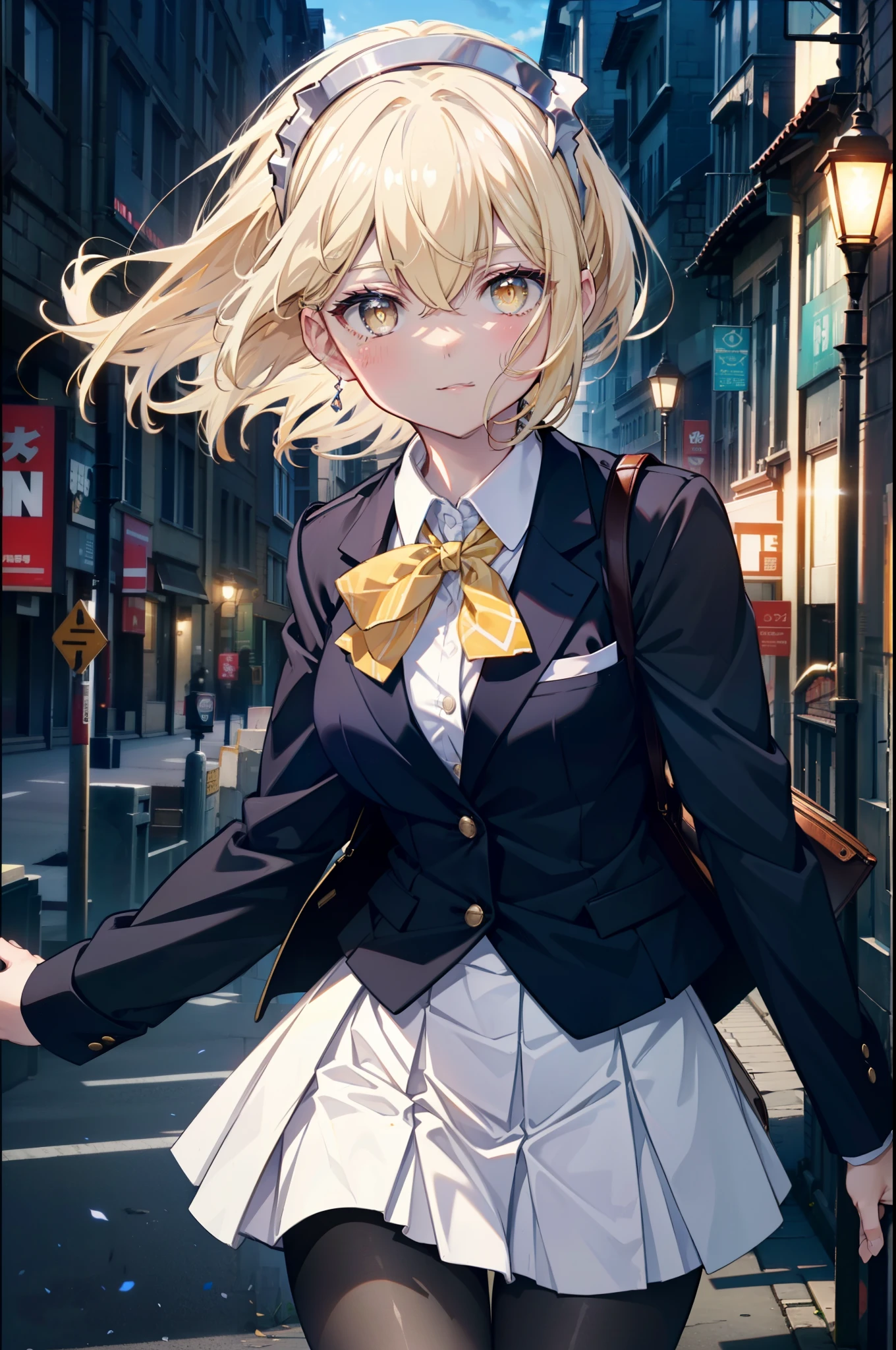 Izwallenstein, Eyes Wallenstein, blonde hair, hair between eyes, White headband, long hair, (yellow eyes:1.5), side lock,smile,blush,, uniform, blazer, shirt, white shirt, collared shirt, skirt, pleated skirt,black pantyhose,brown loafers,
break looking at viewer,whole body(cowboy shot:1. 5)
break outdoors, In town,building street,
break (masterpiece:1.2), highest quality, High resolution, unity 8k wallpaper, (figure:0.8), (detailed and beautiful eyes:1.6), highly detailed face, perfect lighting, Very detailed CG, (perfect hands, perfect anatomy),