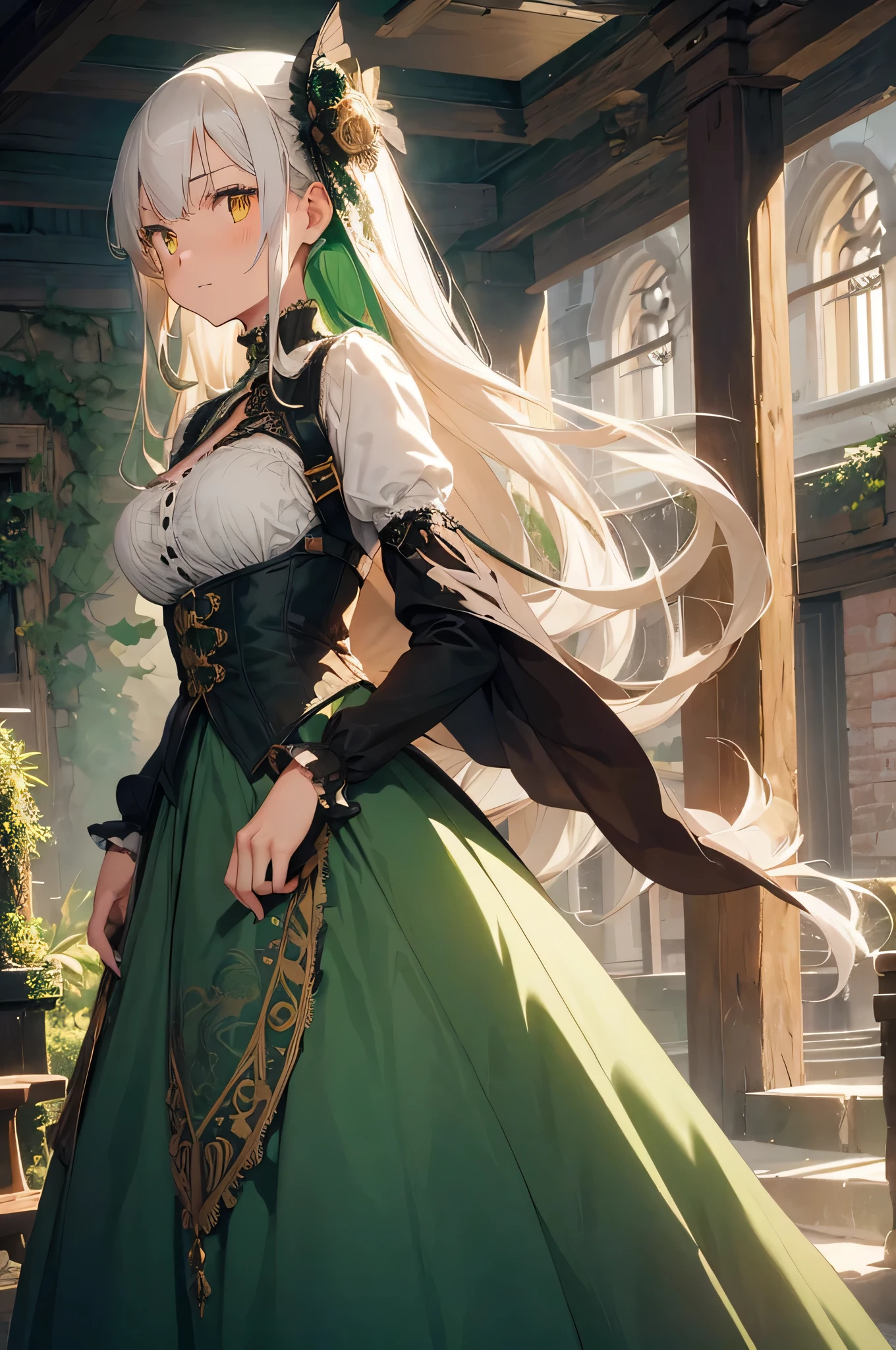 Chica anime con vestido verde con pelo largo blanco y vestido verde. -  SeaArt AI