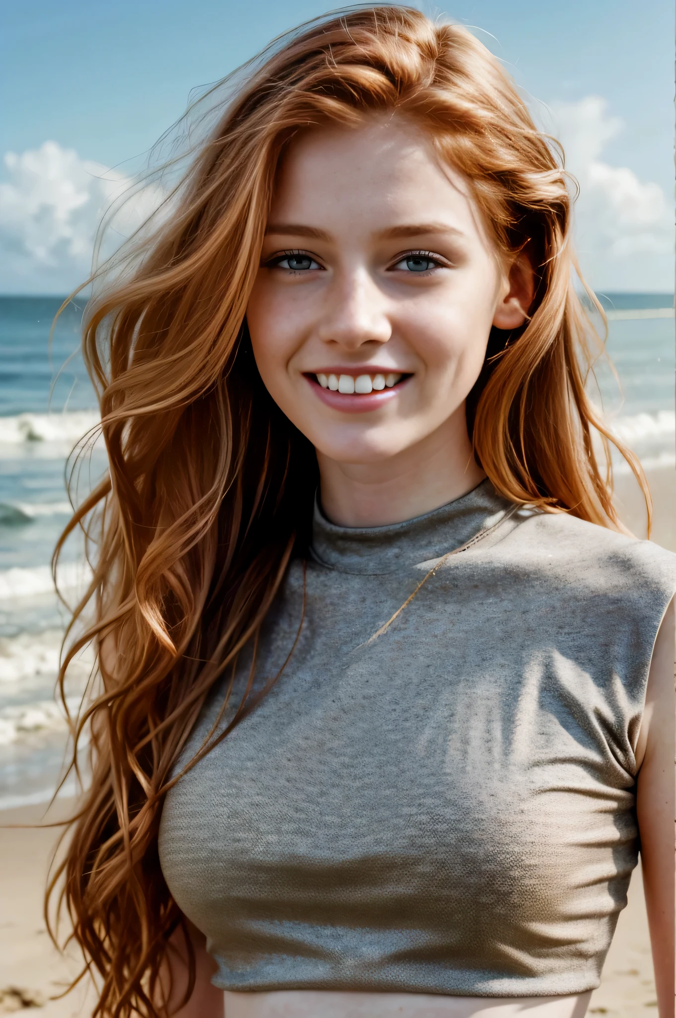 A close up of a woman with long red hair on a beach - SeaArt AI