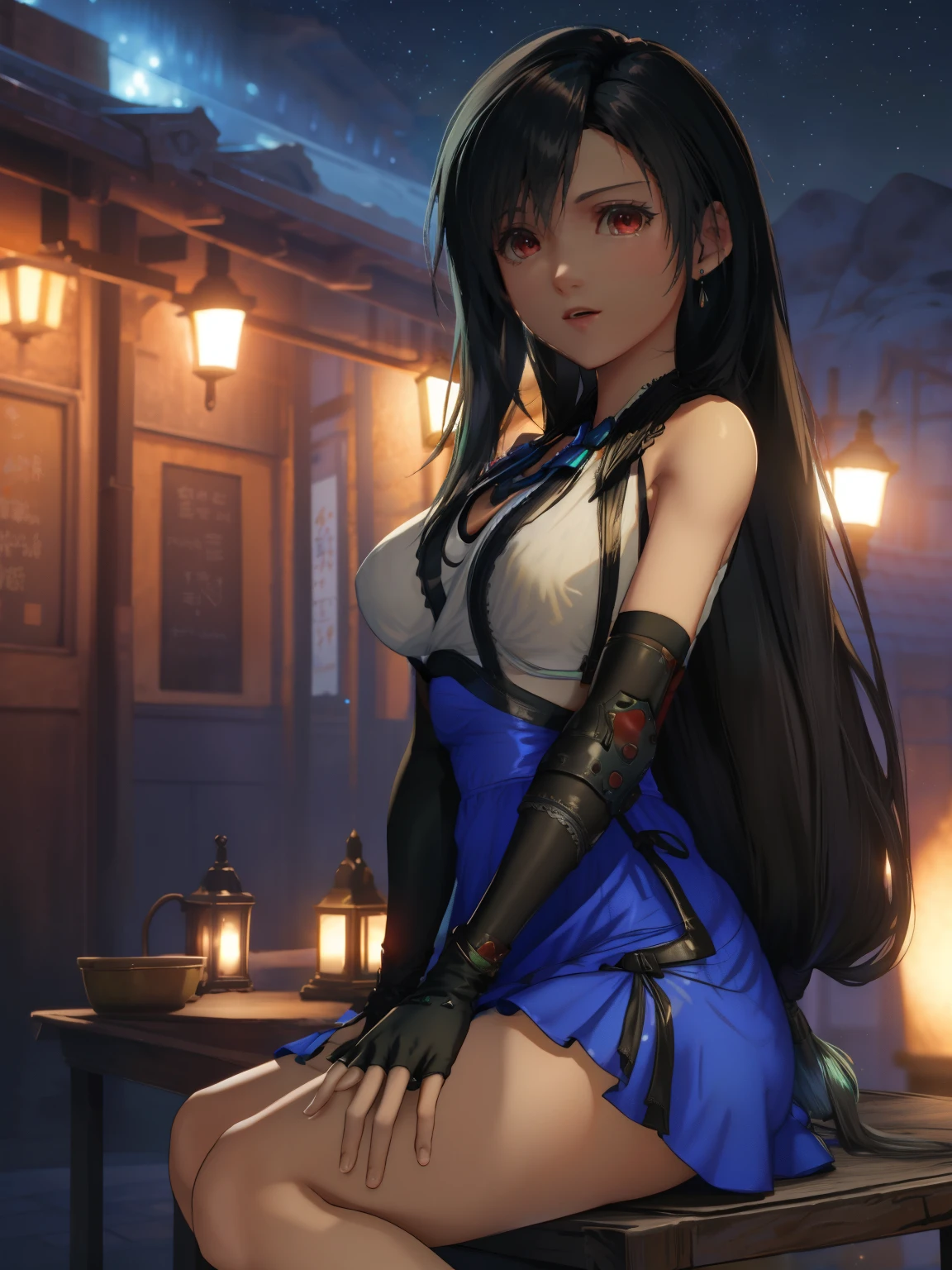 tifa lockhart, MKSKS style, (highly detailed background:1.0), (highly detailed background:1.0), Final Fantasy VII Remake, (red eyes), 1 girl, bare shoulders, aqua dress, black hair, green dress, No sleeve dress , sundress, Home, long hair, night, night null, open your mouth, outdoors, ponytail, sitting, null, No sleeve, No sleeve dress, star (null), starry null, town, old, small breasts, ((white ruffles)), (white dress),