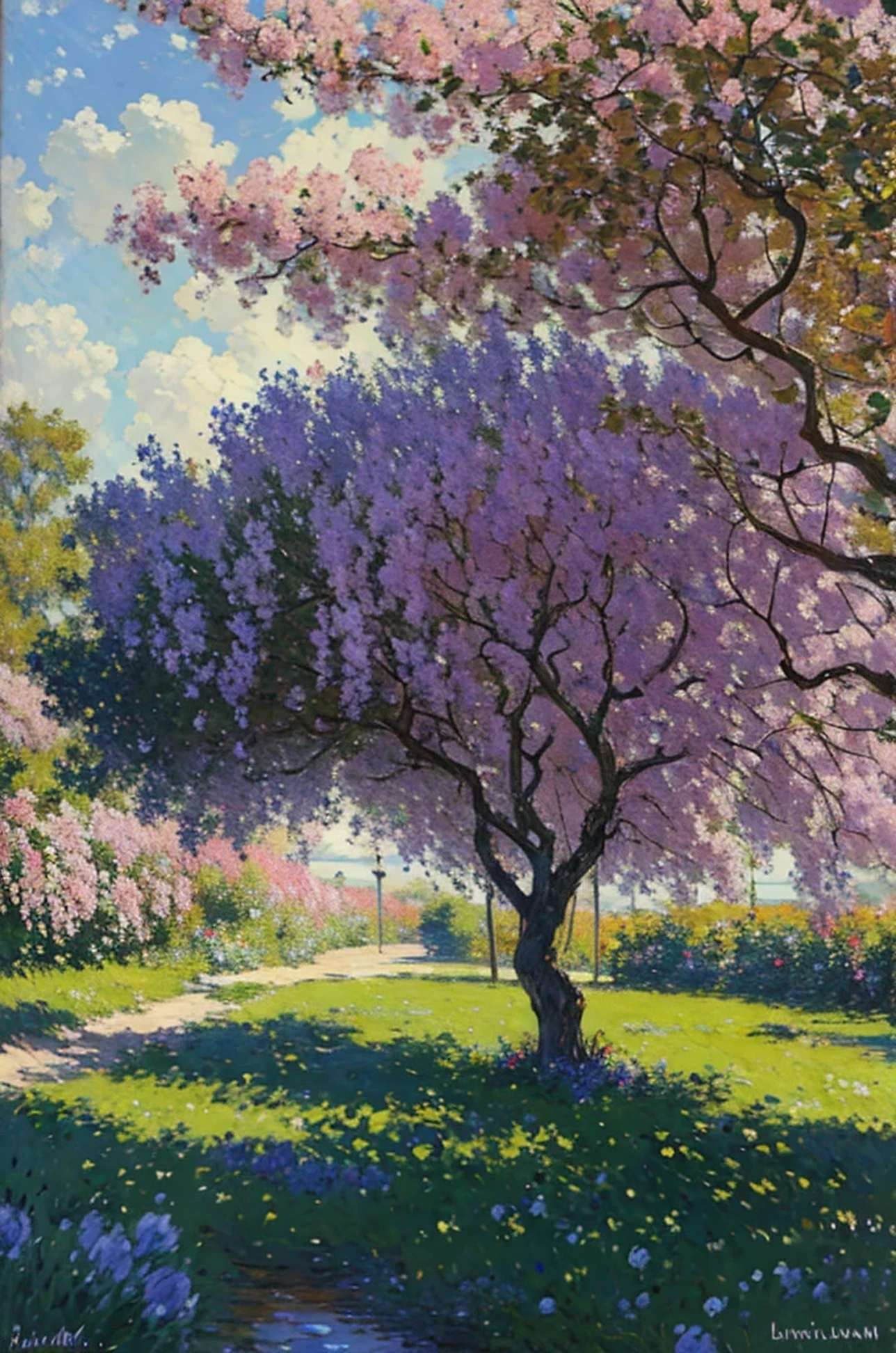 (Mejor calidad, high resolution:1.2),Oil painting,beautiful branch with foliage of paulownia tree in foreground,pintado con colores de rosa, amarillo, blanco, azul, and brown, inspirado en el estilo de Claude Monet,arte oficial,Impresionismo,Colores pasteles suaves,Luz sutil