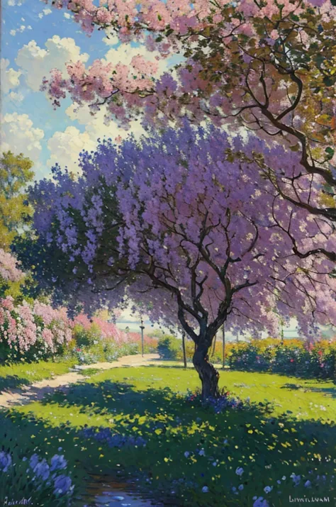 (Mejor calidad, high resolution:1.2),Oil painting,beautiful branch with foliage of paulownia tree in foreground,pintado con colo...