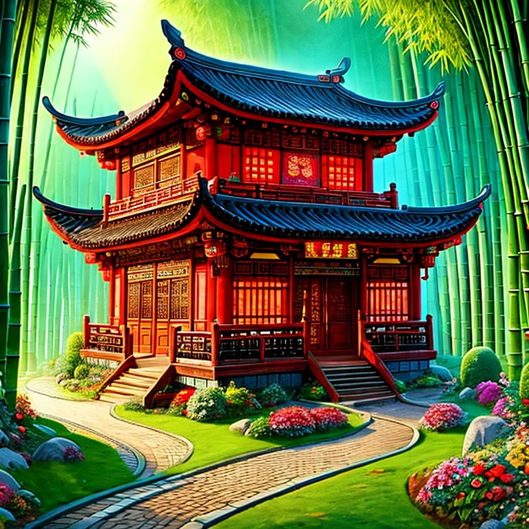 3D, cartoon, ancient Chinese house, vibrant colors, traditional architecture, bamboo forest, red and brown, black tiled roof, flower path, round windows, wood carvings, warm light, fantasy, whimsical, photo real