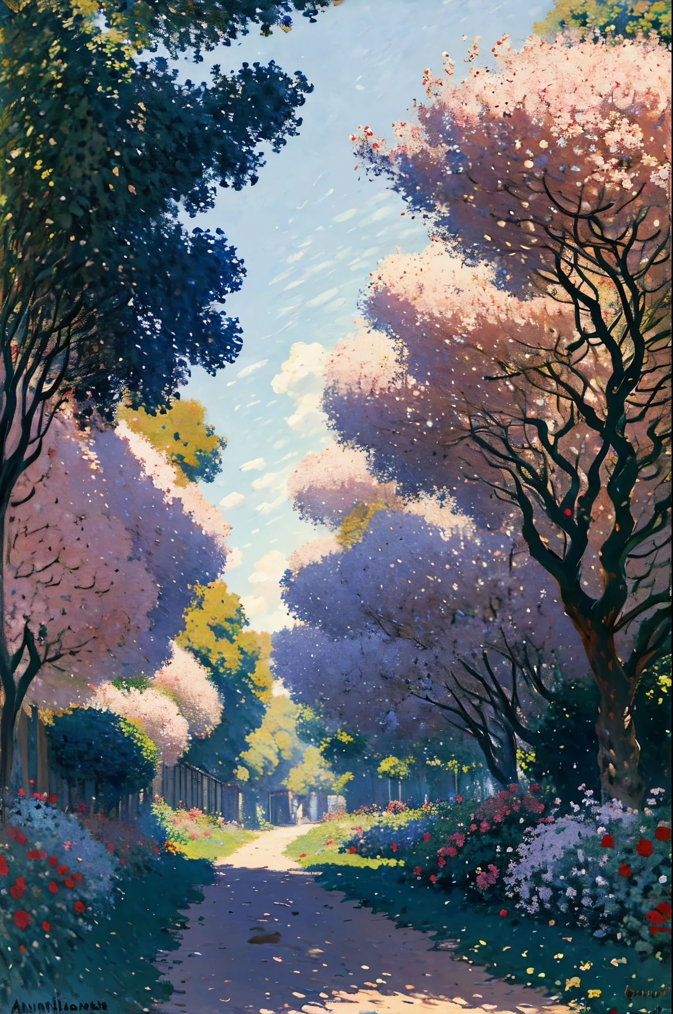 Un camino en ANGELICAL con muchos arboles Hermosa rama con follaje de un árbol de paulownia al lado del camino pintado al óleo con sus hojas rosadas, amarilolo, blanco, azul y cafe en primer plano, al estilo de Claude Monet, arte oficial, Impresionismo