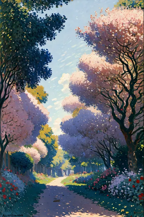 A path in ANGELICAL with a lot of trees Beautiful branch with foliage of a paulownia tree next to the path painted in oil with i...