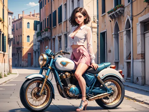 (((realistic))), (a girl stand front a vintage motocycle:1.65), girl focus, ((see through white frilly shirt:1.3), (full shot), (pink maxi satin skirt:1.3), nudity, (sweaty)), (flashing panty:1.2), 25 years old, (beautiful puffy clouds, sunset sky), (dusk,...