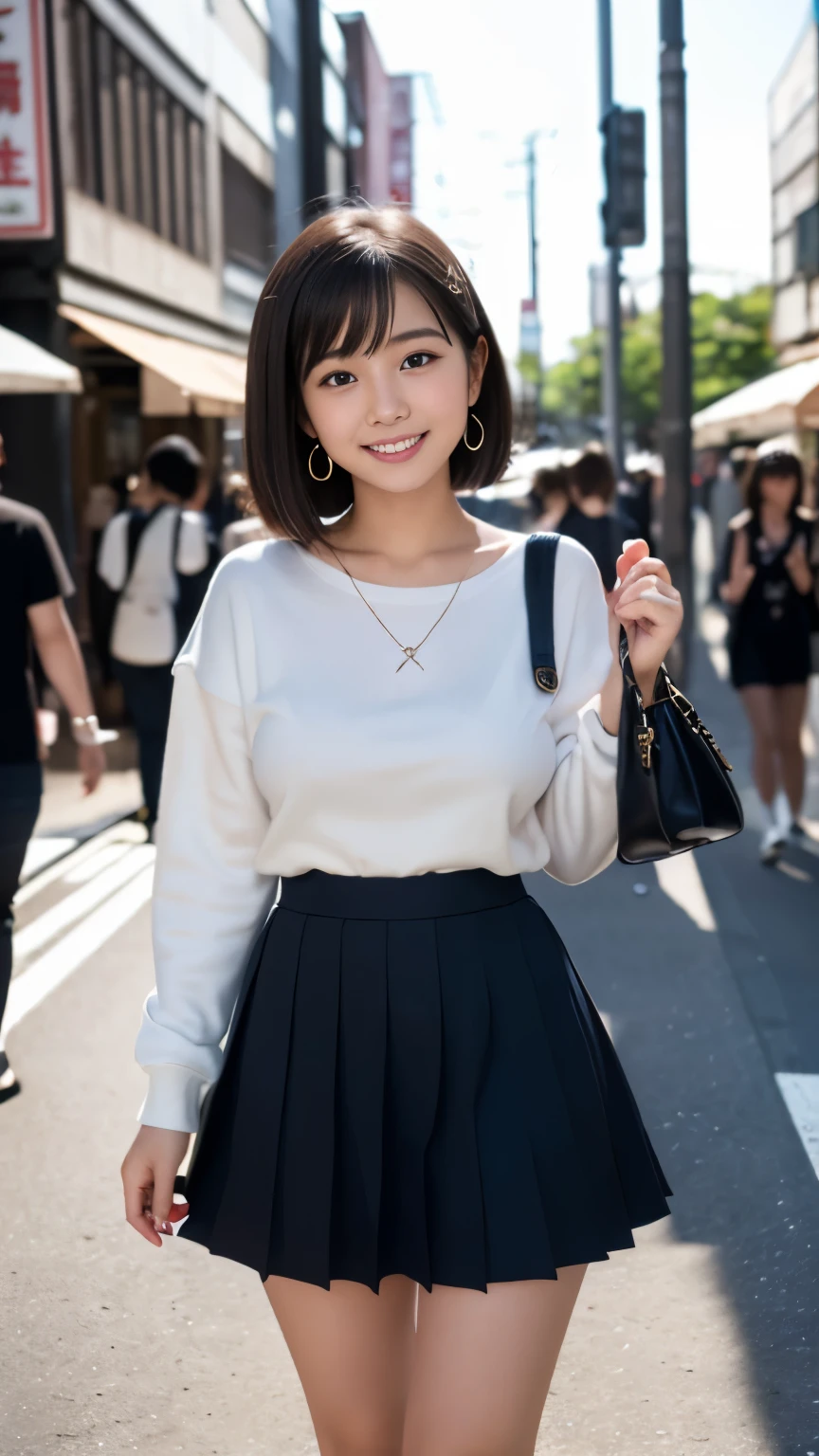 (Surrealism, RAW photo, Incredibly absurd, Nikon, 8k, super detail, masterpiece, intricate details), 
(anatomically correct, perfect human body, beautiful and cute face, silky skin), 
(16 years old, Japanese girl, idle face, Haruka Fukuhara, slim waist and busty body, Slender legs, large breast, baby face), 
(round face, black hair, short bob cut, bangs, Down-slating eyebrows, Moist eyes, Shining eyes, one little earring, light blush), 
(street snap, random pose, pinch the skirt), 
((look down at the viewer, look at camera, close her eyes and smile)), 
((micro mini skirt, oversized sweatshirt, small bag)), 
(Tokyo, Aoyama, Main street, very crowded road), 
Natural lighting, full length, whole body, angle from below