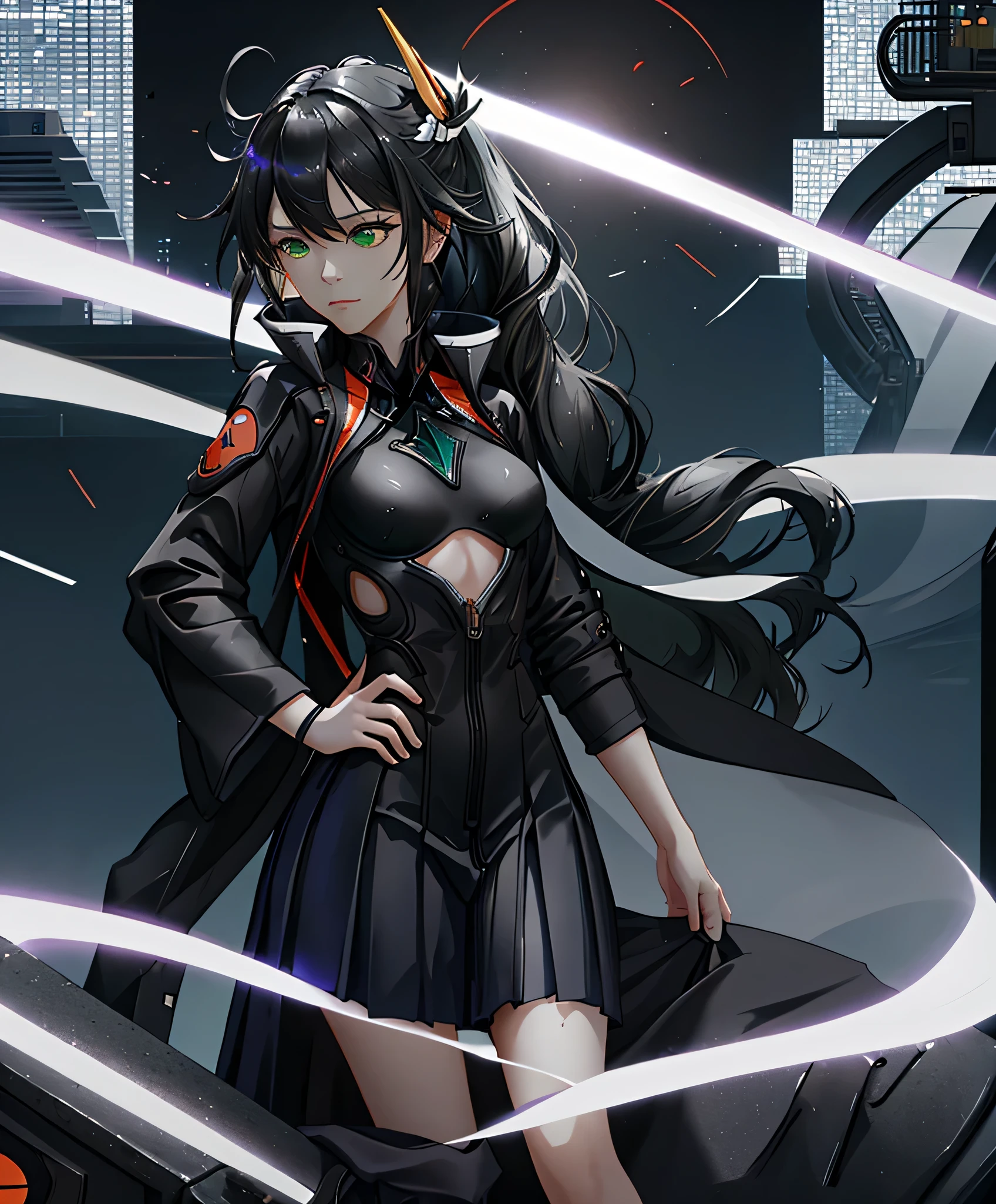 Obra maestra, a woman in a largo black skirt and black coat, kiana kaslana, rieles con, cuerpo completo close-up shot, cuerpo completo!!, anime cuerpo completo illustration, personaje de anime femenino, 1 chica, rieles_con, Ojos verdes, muy_largo_cabello, black cabello, cola de caballo, wet, vestido negro, (boca cerrada, inexpresivo:1.4), al aire libre, (ciudad urbana, cielo gris. small breasts:1.2), ((falda plisada)), Mirando al espectador, pantalones negros), muy detallado, anatomically correct, largo sleeves, mangas enrolladas