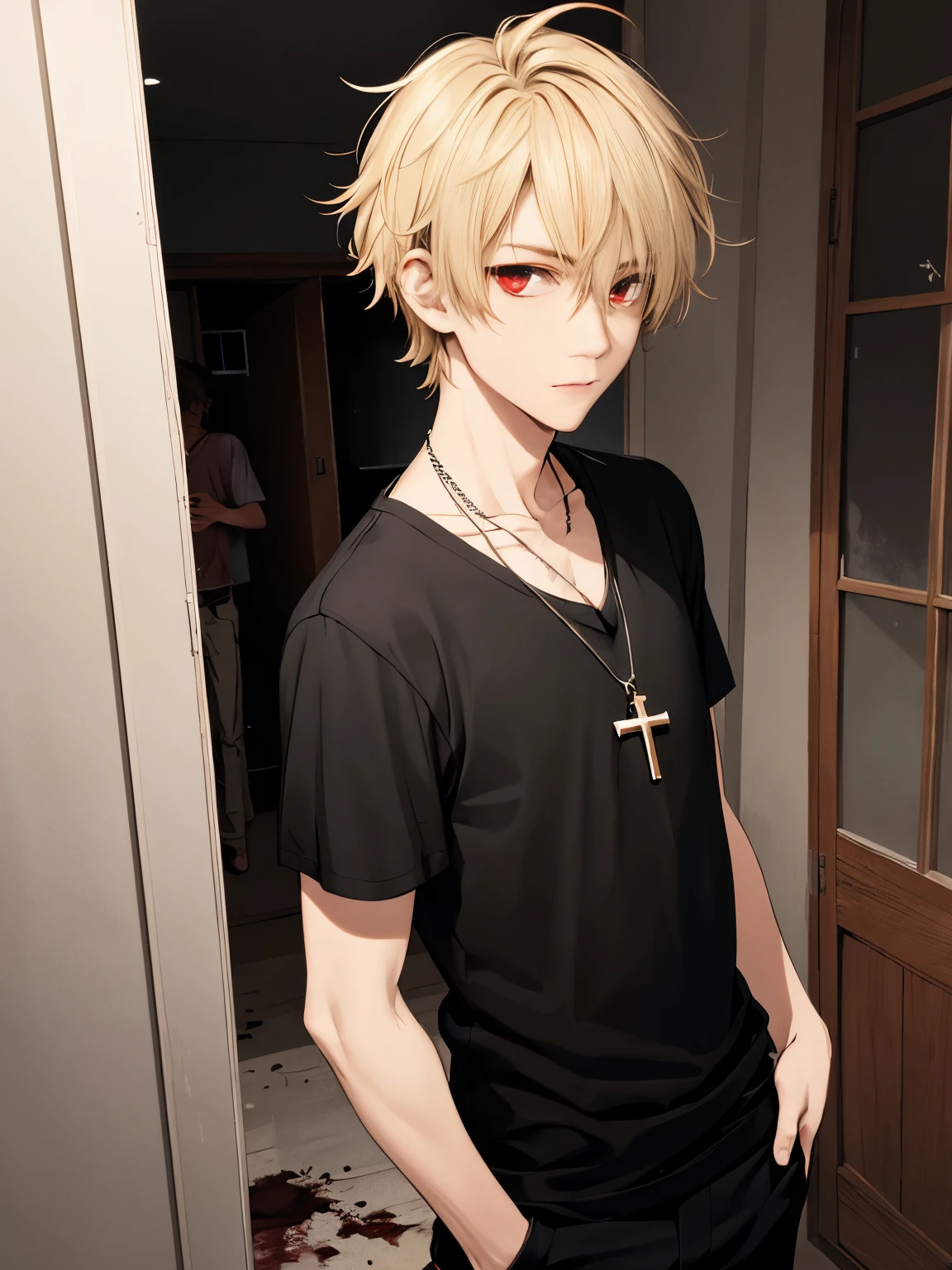 Anime boy with blonde hair and cross necklace standing in a hallway -  SeaArt AI