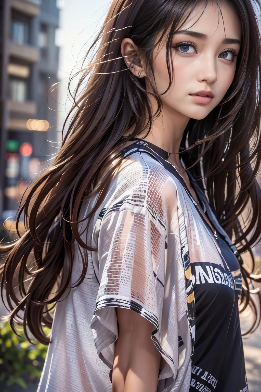 (highest quality, High resolution, masterpiece :1.3), Beautiful woman, slender body shape, dark brown hair, T-shirt, (night city street), Highly detailed face and skin texture, fine eyes, double eyelid