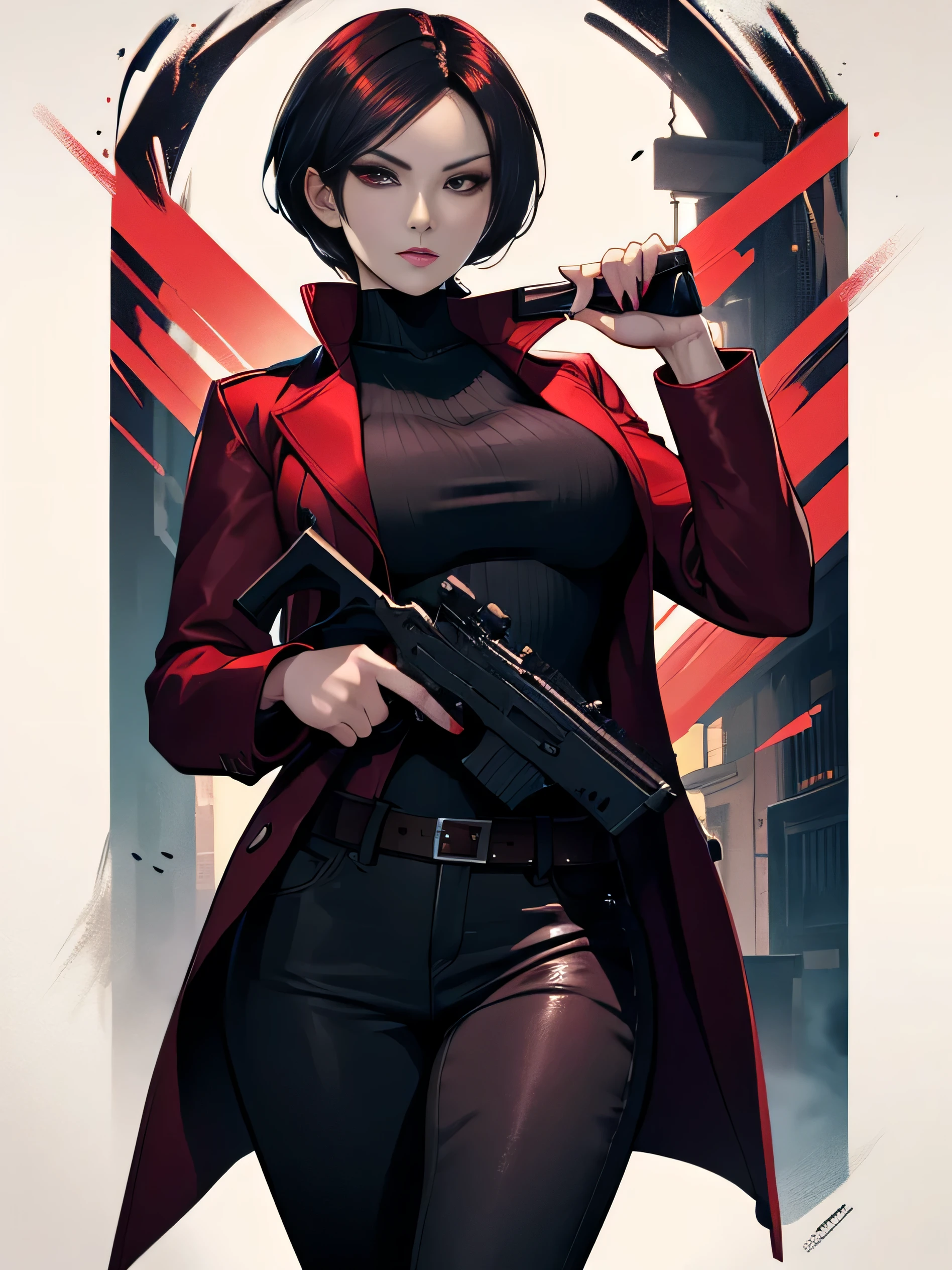 hd, Ada Wong 40 years old, beautiful face, looking at the viewer, Very long red hair, perfect face, black jeans, long red coat and black manicure, kind face, glare, hold a gun