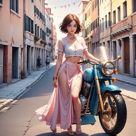 (((realistic))), (a girl stand front a vintage motor bike:1.65), girl focus, ((see through white frilly shirt:1.3), (full shot), (pink maxi satin skirt:1.3), nudity, (sweaty)), (flashing panty:1.2), 25 years old, (beautiful puffy clouds, sunset sky), (dusk...