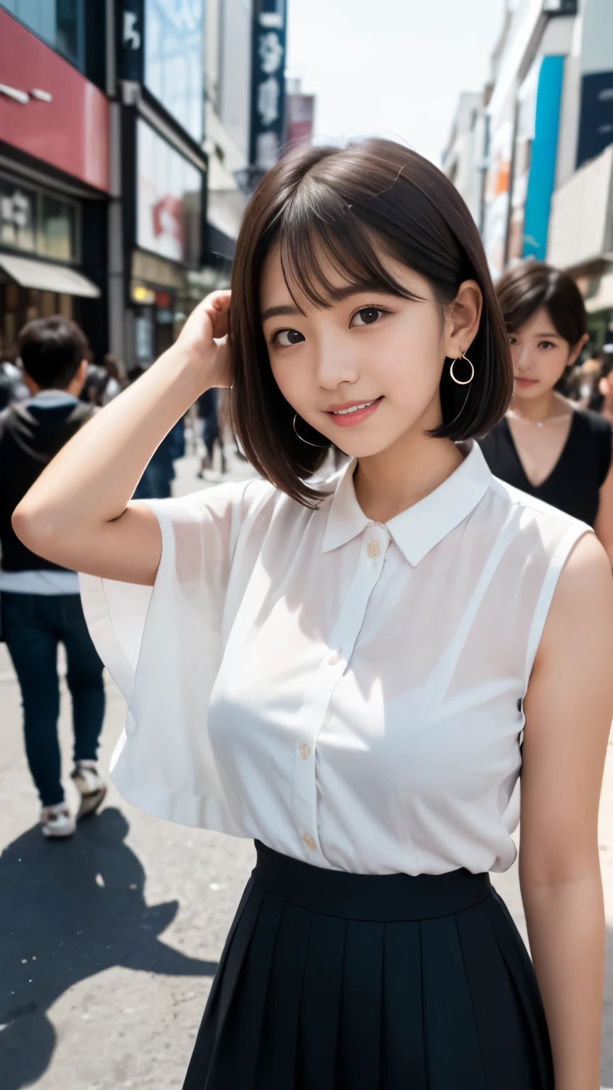 (Surrealism, RAW photo, Incredibly absurd, Nikon, 8k, super detail, masterpiece, intricate details), 
(anatomically correct, perfect human body, beautiful and cute face, silky skin), 
(16 years old, Japanese girl, idle face, Haruka Fukuhara, slim waist and busty body, Slender legs, large breast, baby face), 
((round face, black hair, short bob cut, bangs, Down-slating eyebrows, Moist eyes, Shining eyes, one little earring, light blush)), 
(street snap, random flashy pose), 
(look down at the viewer, look at camera, close eyes and smile), 
((Colorful micro mini skirt, flashy teenage outfits, small bag)), 
(Tokyo, Shibuya, Main street, very crowded road), 
Natural lighting, full length, whole body, angle from below