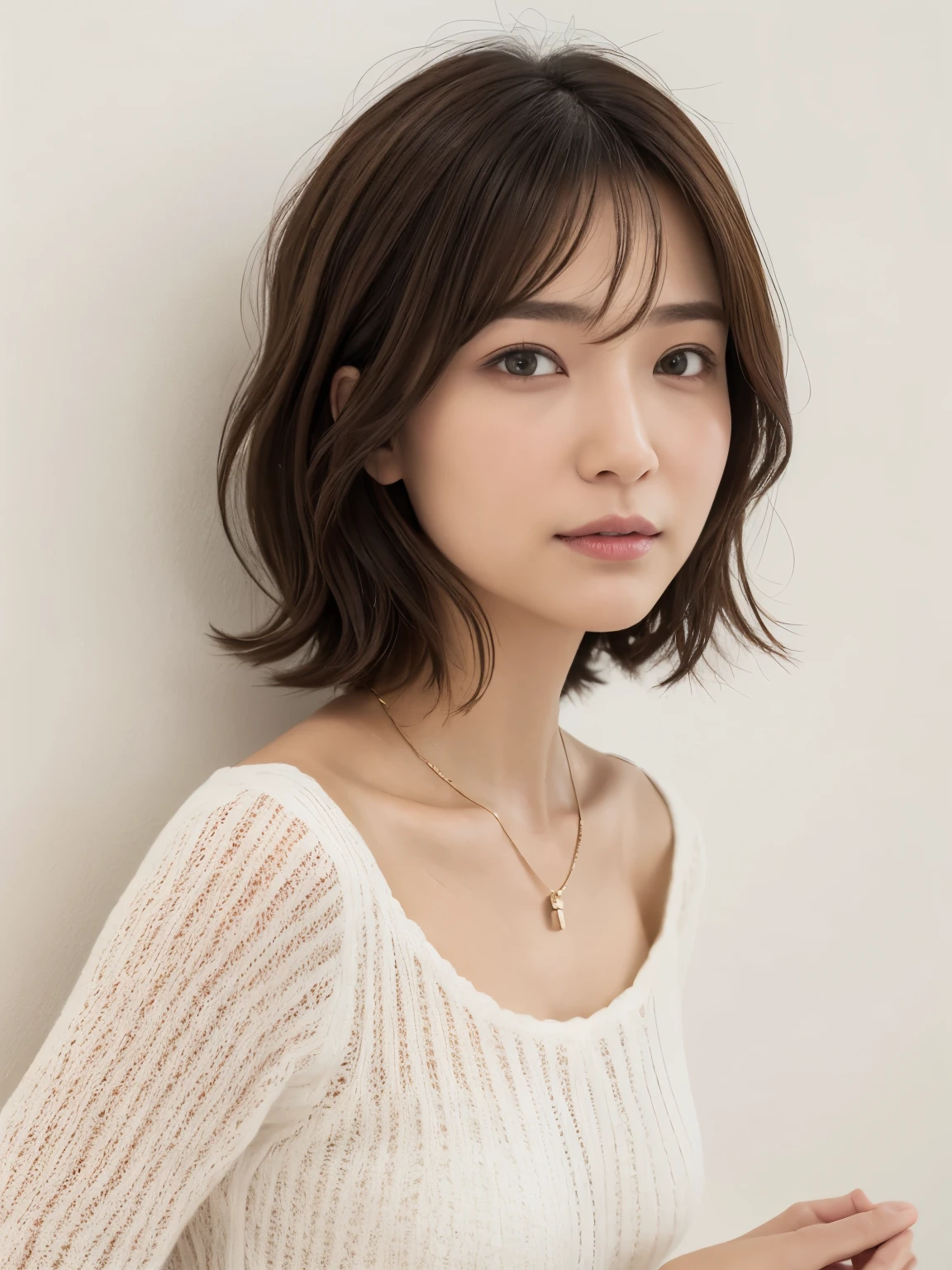 (Highly realistic photos, High resolution, detailed face, fine eyes), ((Taken in front of a white wall))、japanese woman, 40 years old, various expressions, alone:1, slim figure, different hairstyles, casual clothes, Only one person appears in the photo、long sleeve dress、Photographed in natural light、simple necklace、spring clothes、don&#39;t look at the camera、profile、dark brown hair color、bob hair、hands are down