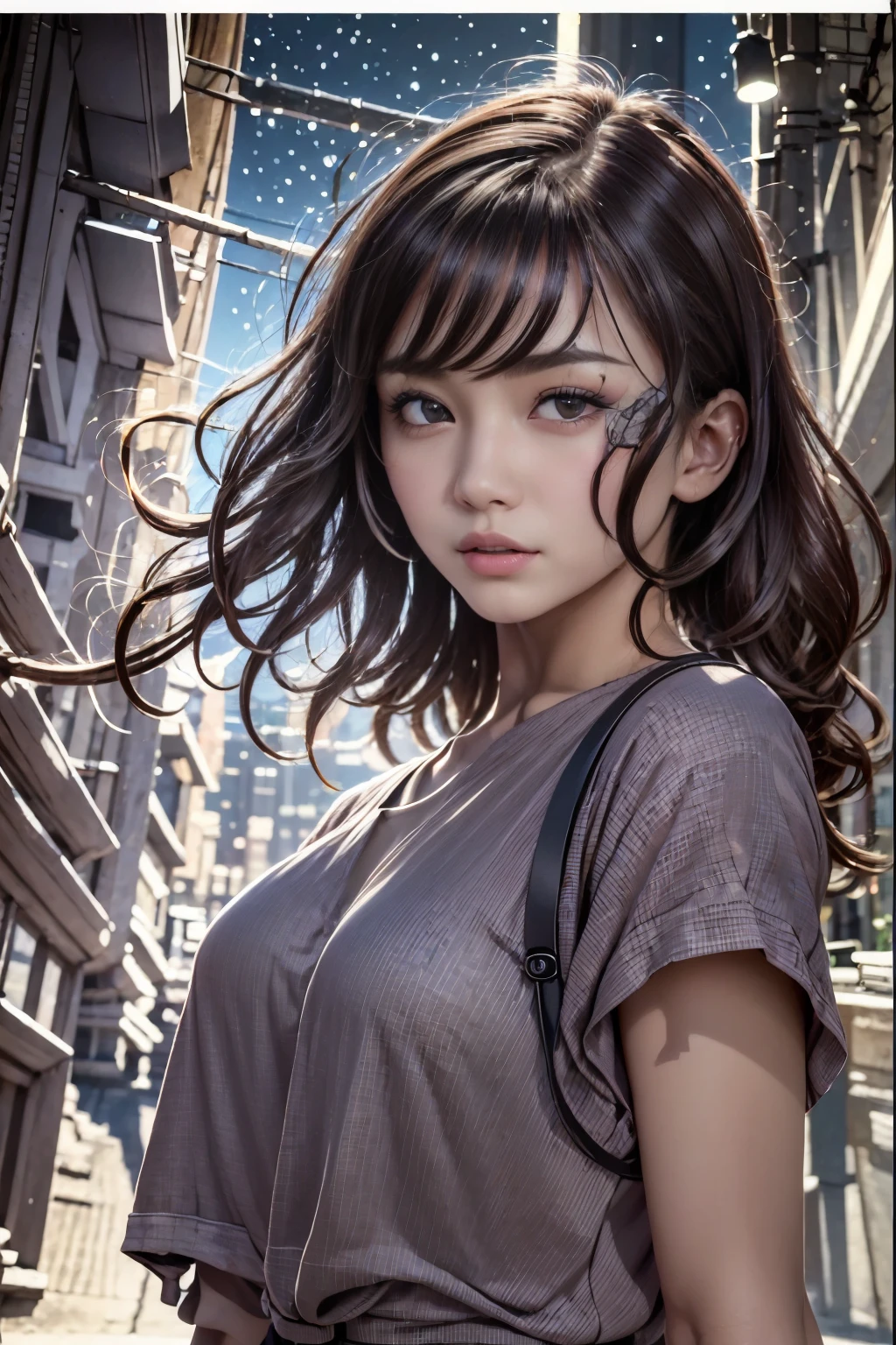 (highest quality, High resolution, masterpiece :1.3), Beautiful woman, slender body shape, dark brown hair, T-shirt, (night city street), Highly detailed face and skin texture, fine eyes, double eyelid