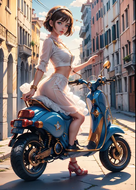 (((realistic))), (a girl stand front a vintage scooters bike:1.75), girl focus, ((see through white frilly shirt:1.3), (full sho...
