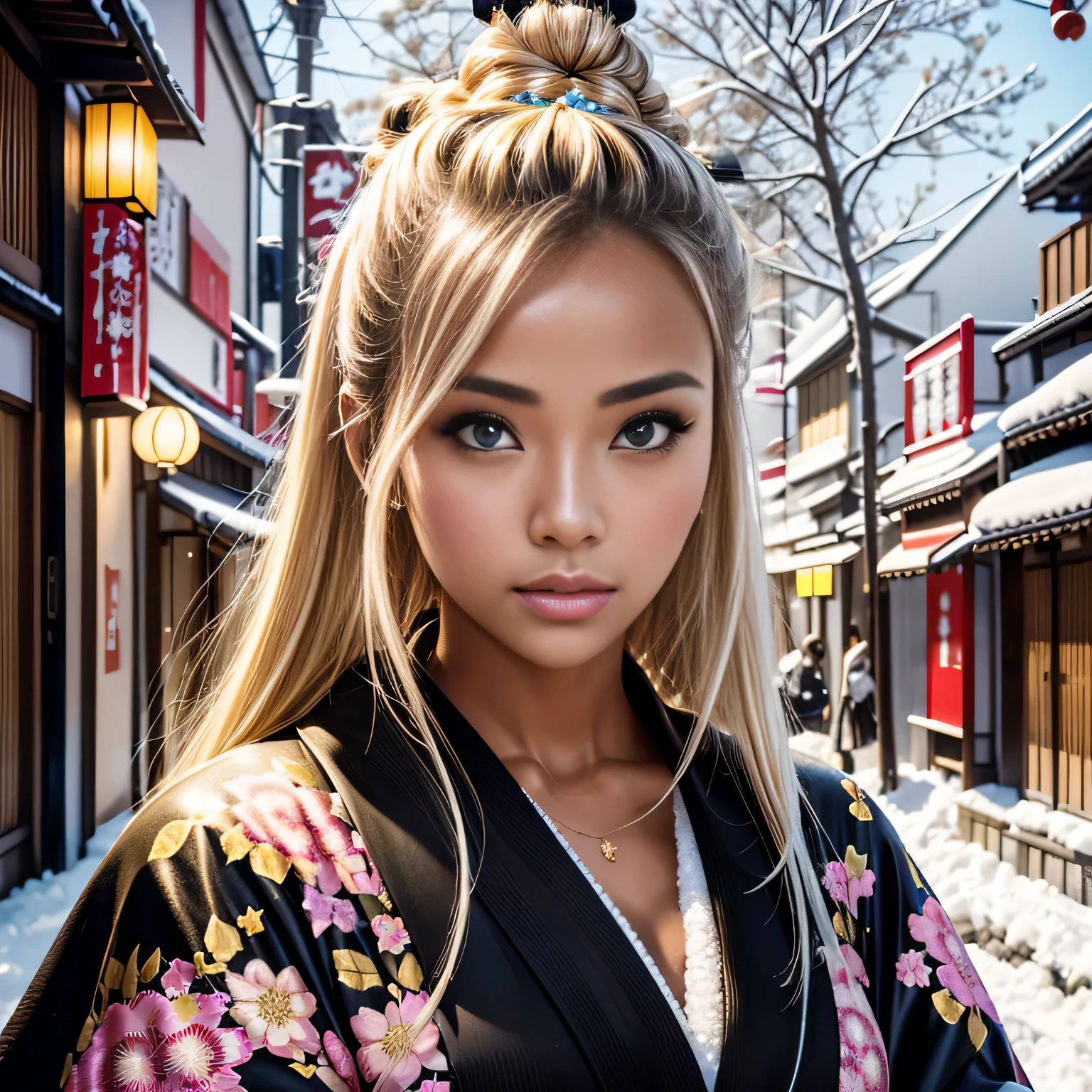 tiré pas en panne, bronzage sexy_fille caucasienne, blond_Chignon, ornement de cheveux,bronzage de la peau noire,Peau lumineuse et éclatante, kimono plein_Ouvrir, Kyoto_Rue d'hiver, arbres enneigés, RETRO style artistique, néon_POP style artistique, style artistique