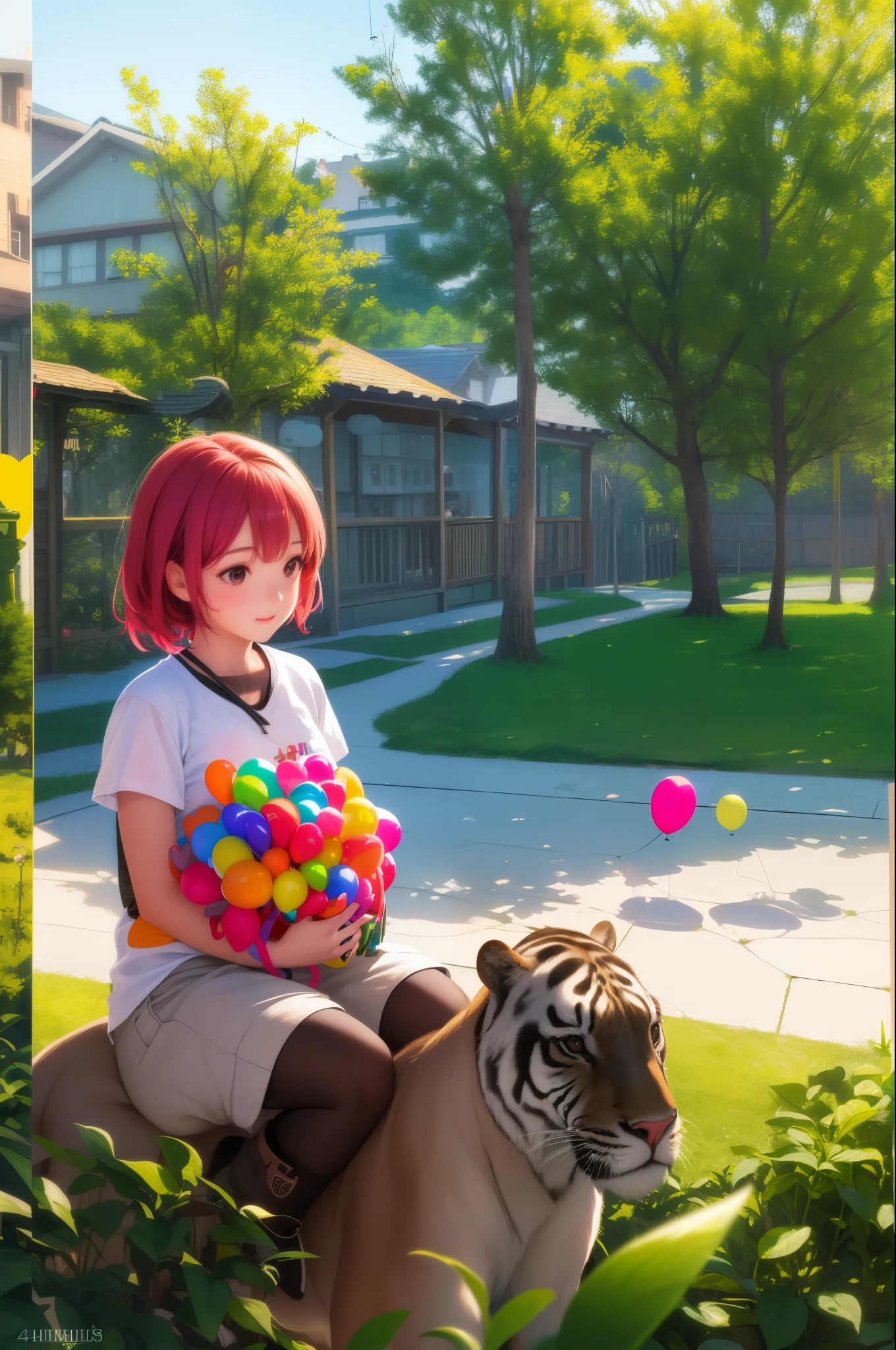 Anime girl with pink hair sitting on a fake tiger - SeaArt AI