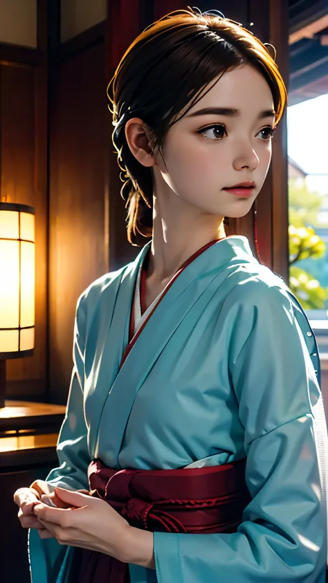 (((古い日本家屋のverandahに座る、Bonsai is displayed in the garden:1.1)))、one girl、perfect anatomy、painterly、gentle expression、very delicat...