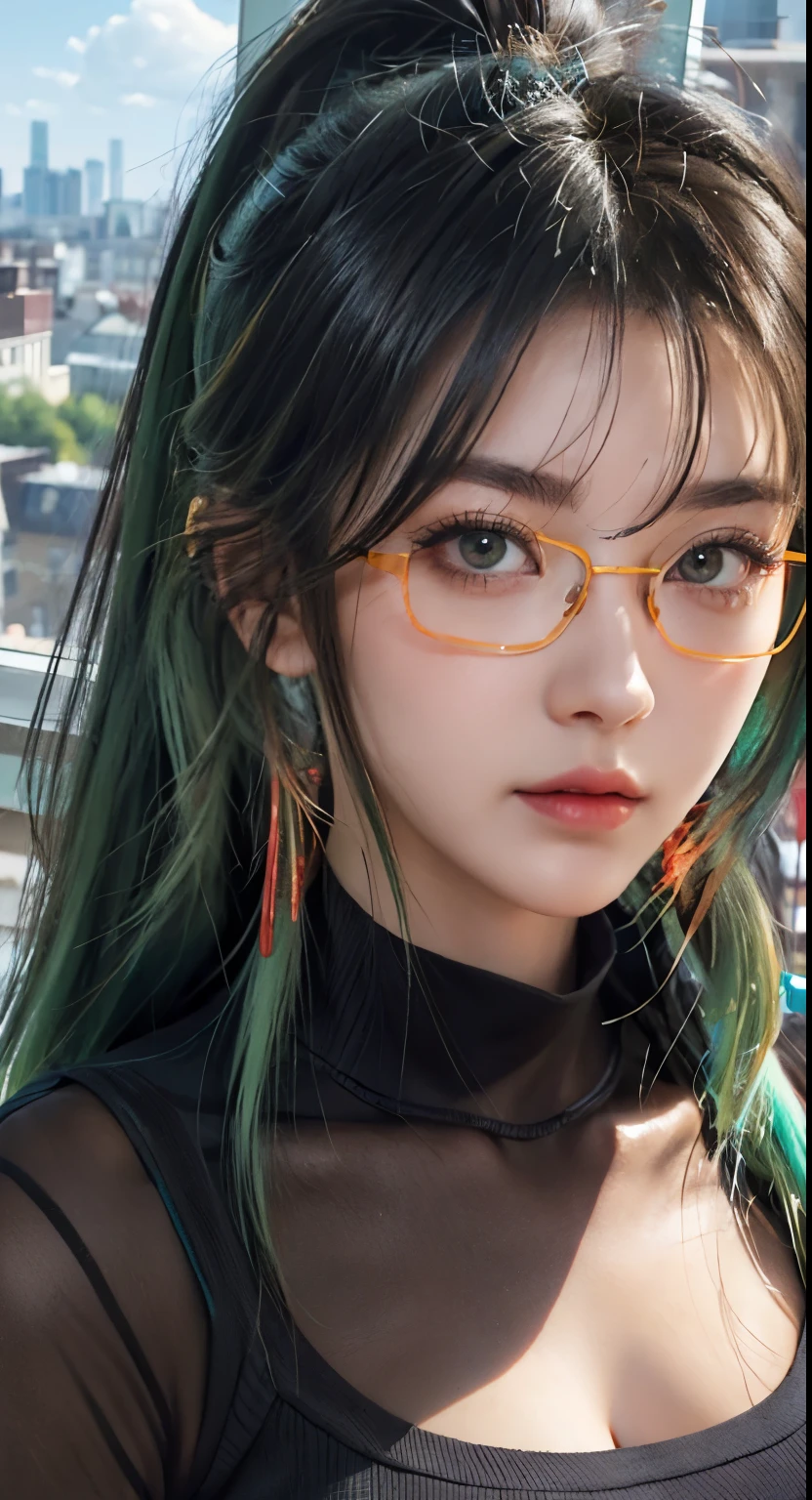 Girl with ponytail in front of the window overlooking the city, Beautiful anime portrait, Stunning facial portraits, Detailed portrait of the girl, portrait girl, guweiz style artwork, anime style. 8k, Realistic art style, Smooth CG art, Style 4 K, Digital anime illustration, beautiful girl, Portrait of an animated girl，Long ponytail hairstyle，Black hair and green hair, Good-looking hair accessories, light green eyes，big eyes，,Wearing red glasses，half rim glasses