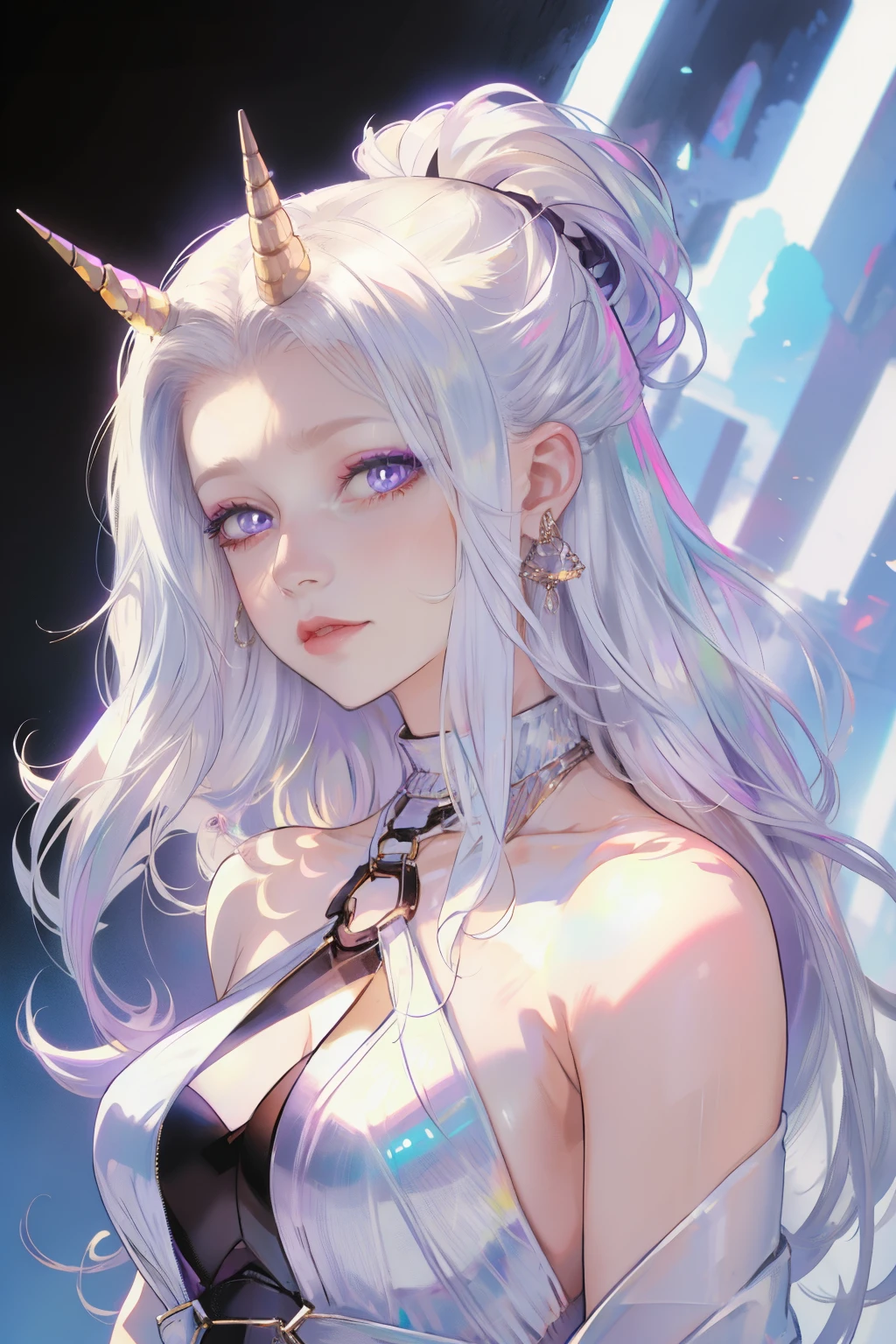 Unicorn anthropomorphic female high detail white hair purple pupils