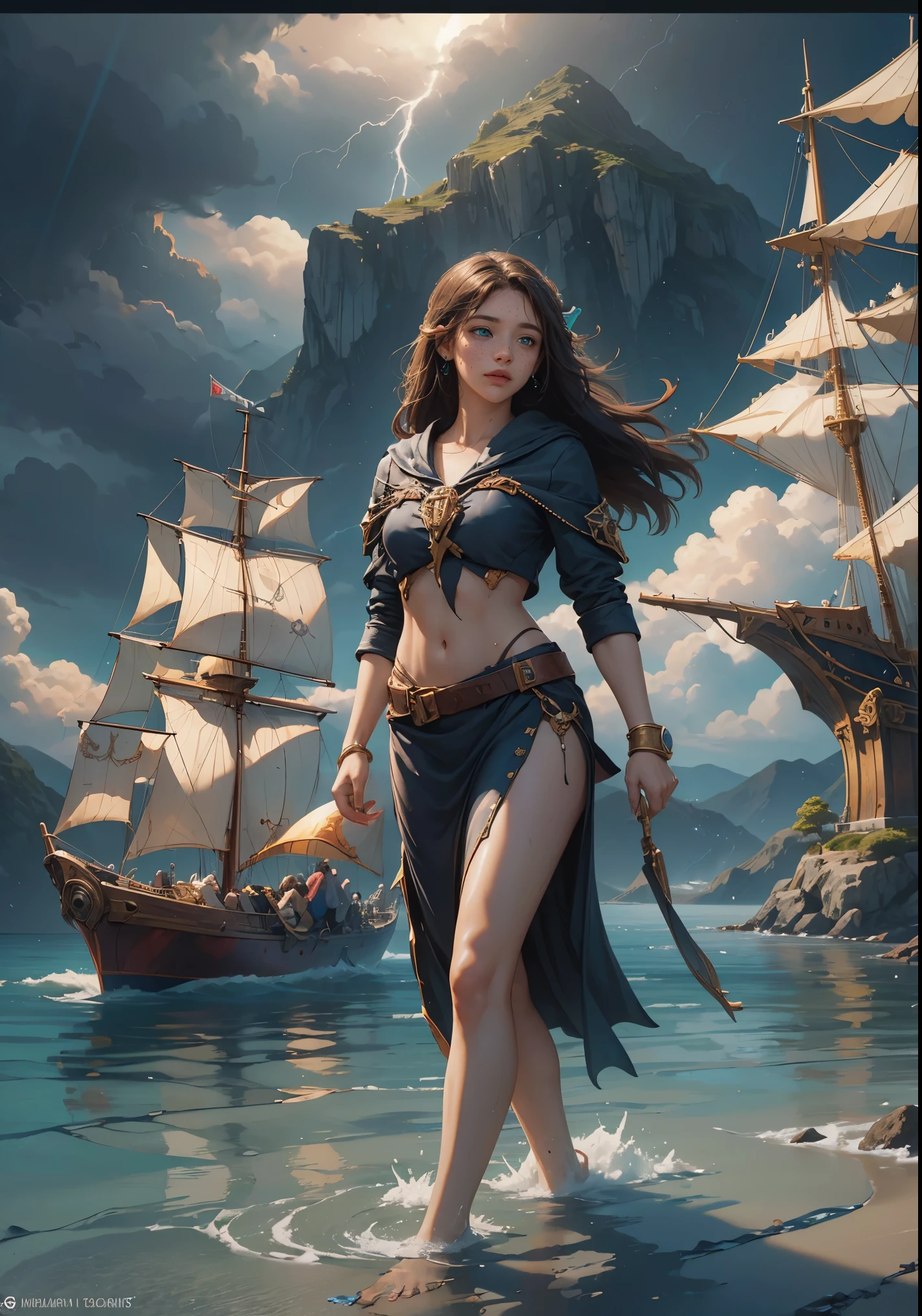 (portrait_of_a_sexy_corsair_girl_holding_a_fintlock_pistol_walking_in_shallow_water:1.7), slim, skinny, (see_through_dressed:1.6), (wet),(half_naked), (surface), (coral_reef_surrounded:1.3),(translucent_ocean:1.5), (ocean), (sailboat_explodes_background:1.9), 1girl, (bird), (ship), , (dark_sky:1.446), (thunder:1.53), (storm:1.53), realistic, (beach), cloud, blood, stone, scenery, (wading), (mount island, floating_island:1.45), (looking_at_viewer:1.5), prt, air_bubble, aurora, bubble, caustics, plant, scenery, shark, (surreal), waterfall, wave, prt, (age_of_piracy:1.5)