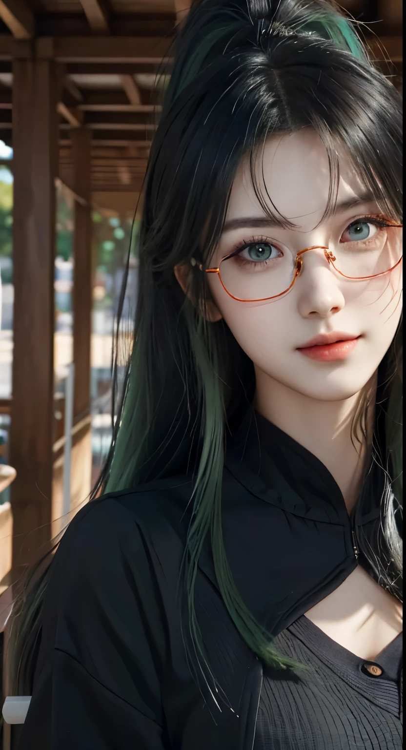 there is a woman，Beautiful anime portrait, Stunning facial portraits, Detailed portrait of the girl, portrait girl, guweiz style artwork, anime style. 8k, Realistic art style, Smooth CG art, Style 4 K, Digital anime illustration, beautiful girl, Portrait of an animated girl，Long ponytail hairstyle，Black hair and green hair, high ponytail，Good-looking hair accessories, light green eyes，big eyes，,Wearing red glasses，half rim glasses，Smile