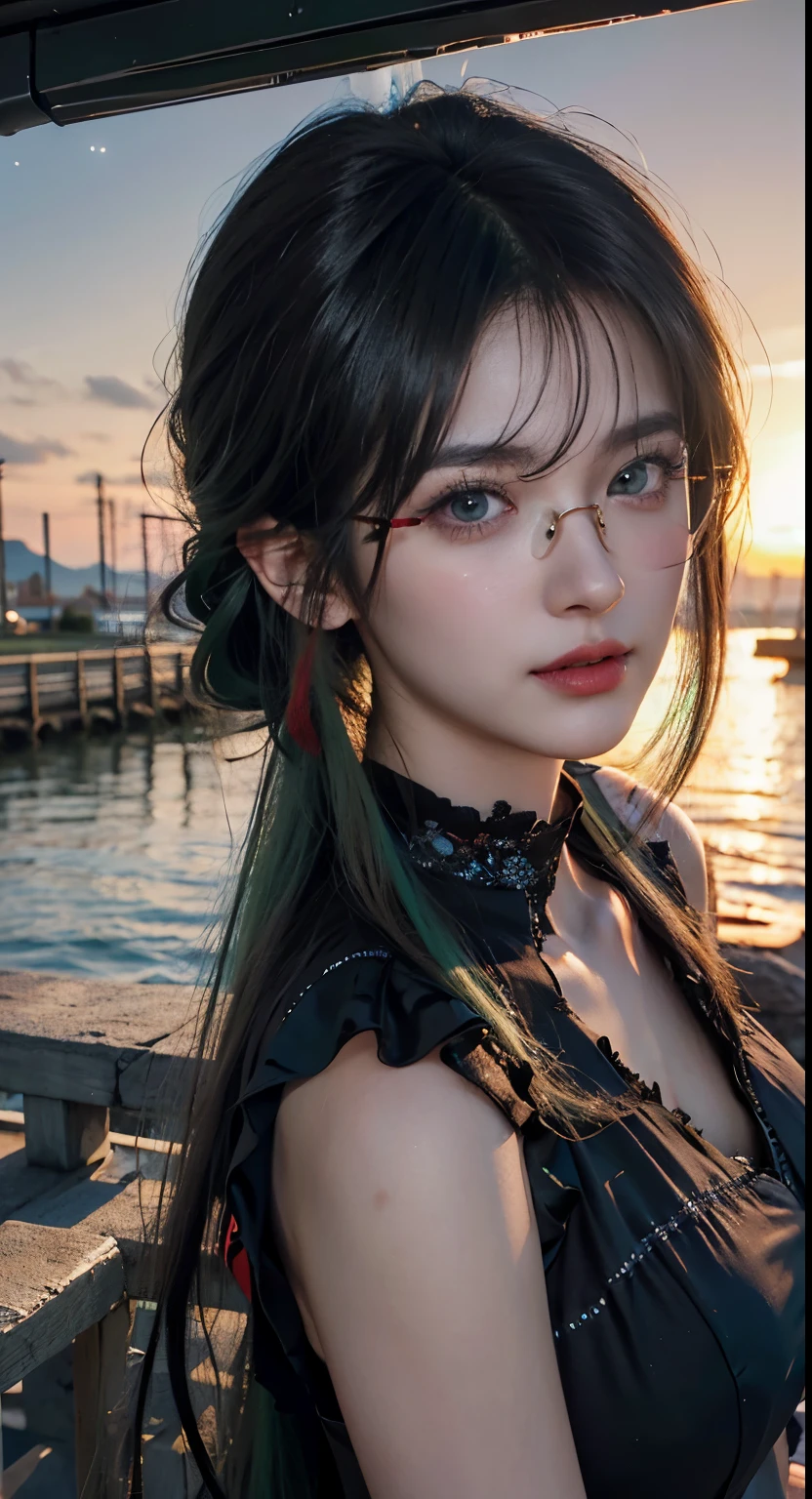 há uma mulher，à beira-mar，lindo retrato de anime, Impressionantes retratos faciais, Retrato detalhado da menina, garota do retrato, Arte em estilo Guweiz, estilo anime. 8K, estilo de arte realista, Arte CG suave, Estilo 4K, Ilustração digital de anime, garota linda, Retrato de uma garota animada，penteado com rabo de cavalo longo，Cabelo preto e cabelo verde, Acessórios de cabelo bonitos, olhos verdes claros，Olhos grandes，,Usando óculos vermelhos，copos de meia borda，sorriso